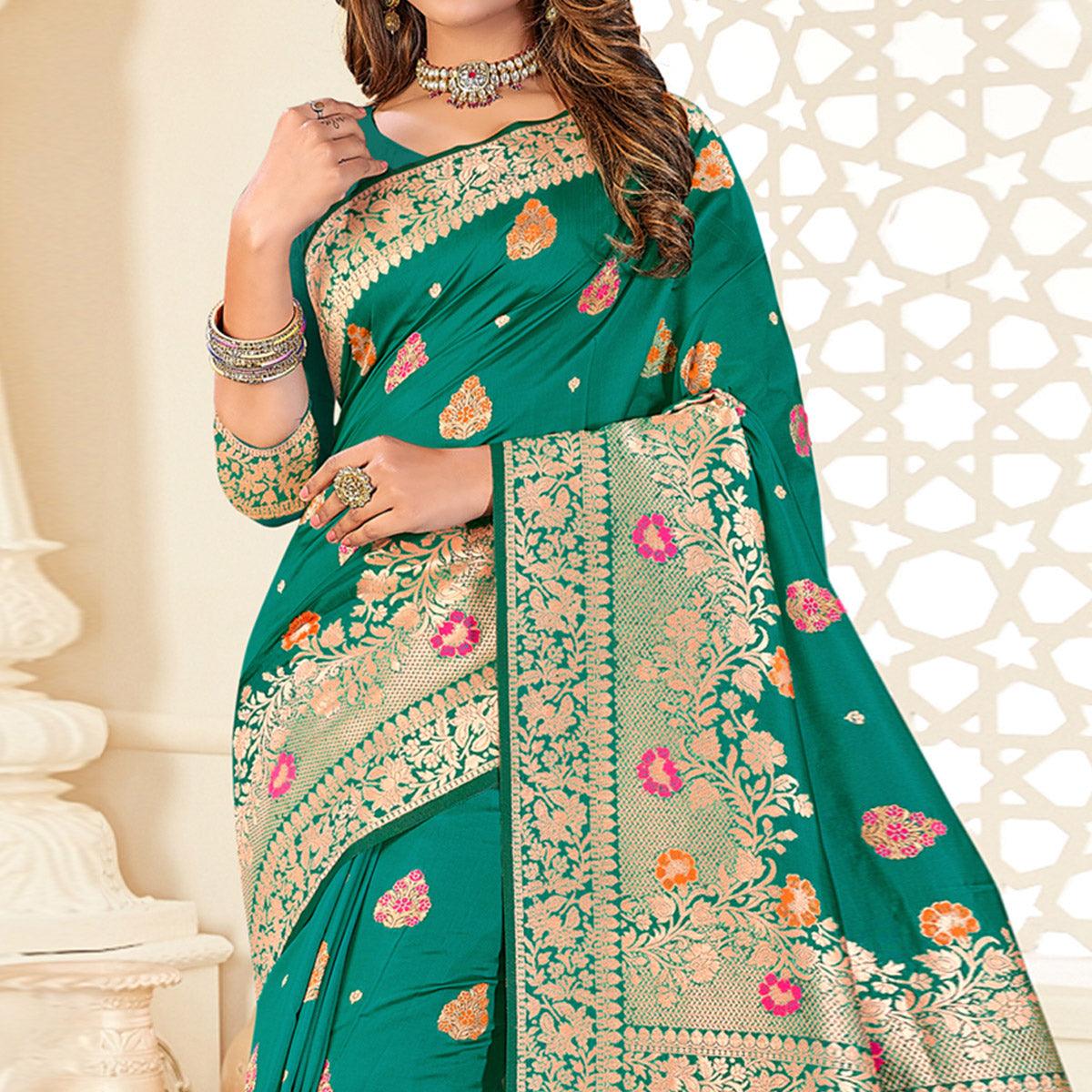 Green Festive Wear Woven Jari Border Soft Silk Saree - Peachmode