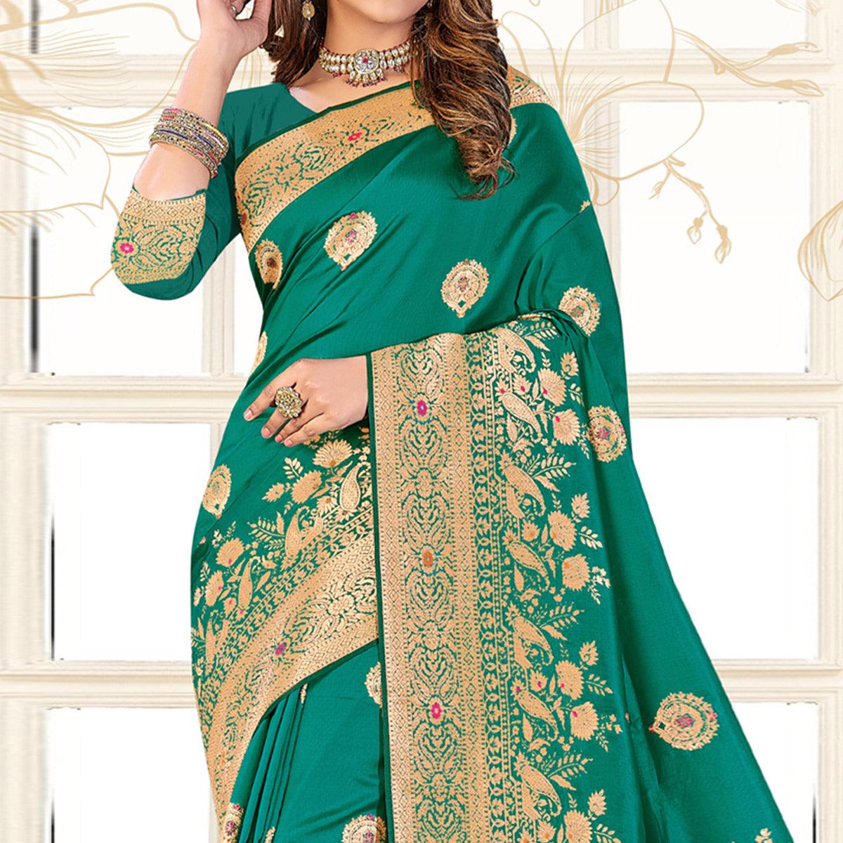 Green Festive Wear Woven Jari Border Soft Silk Saree - Peachmode