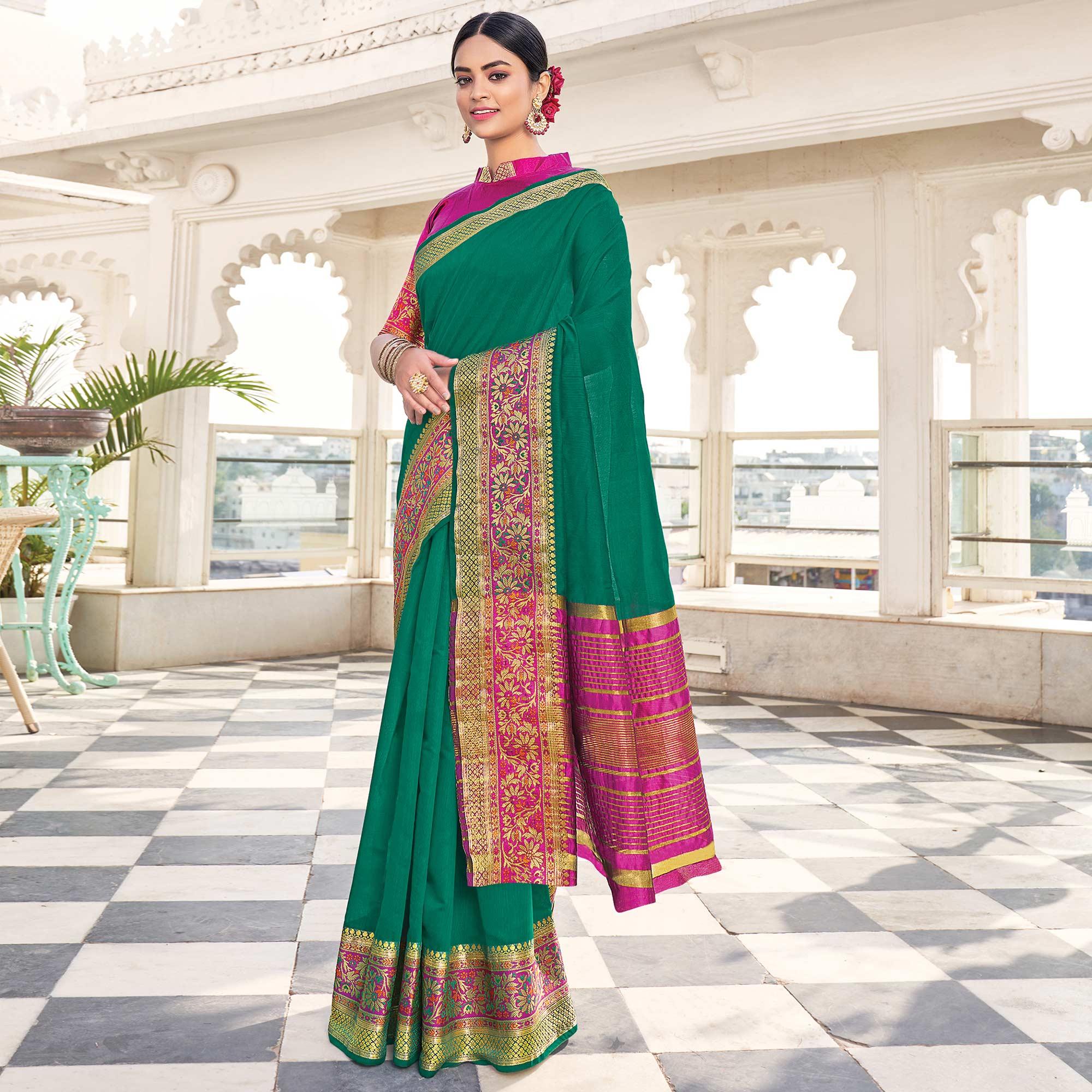 Green Festive Wear Woven Jute Saree - Peachmode
