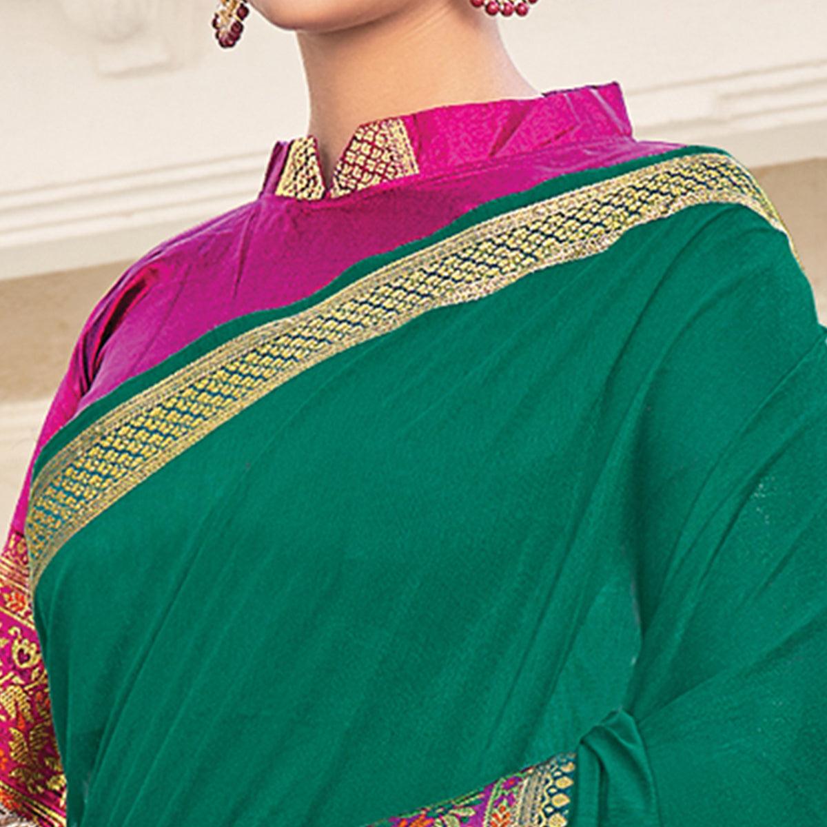 Green Festive Wear Woven Jute Saree - Peachmode
