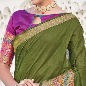 Green Festive Wear Woven Jute Saree - Peachmode