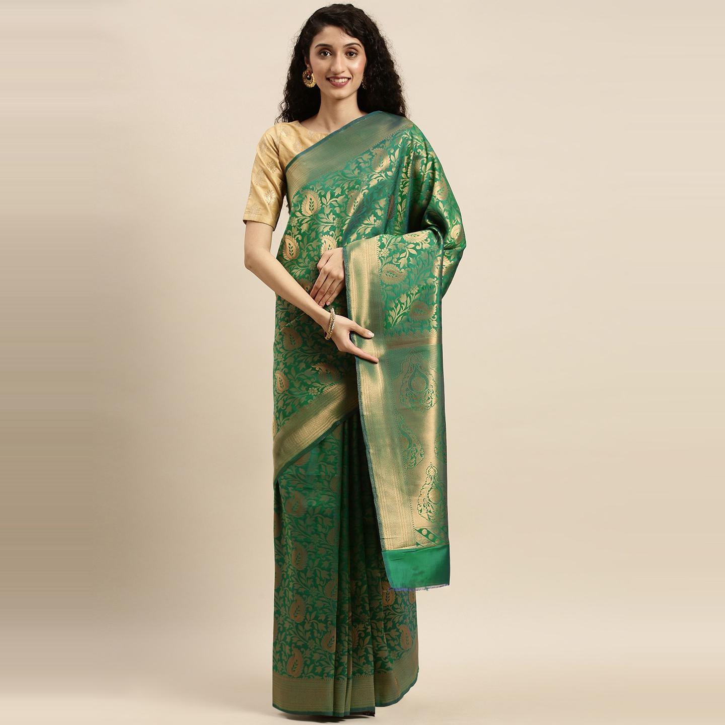 Green Festive Wear Woven Kanjivaram Silk Saree - Peachmode