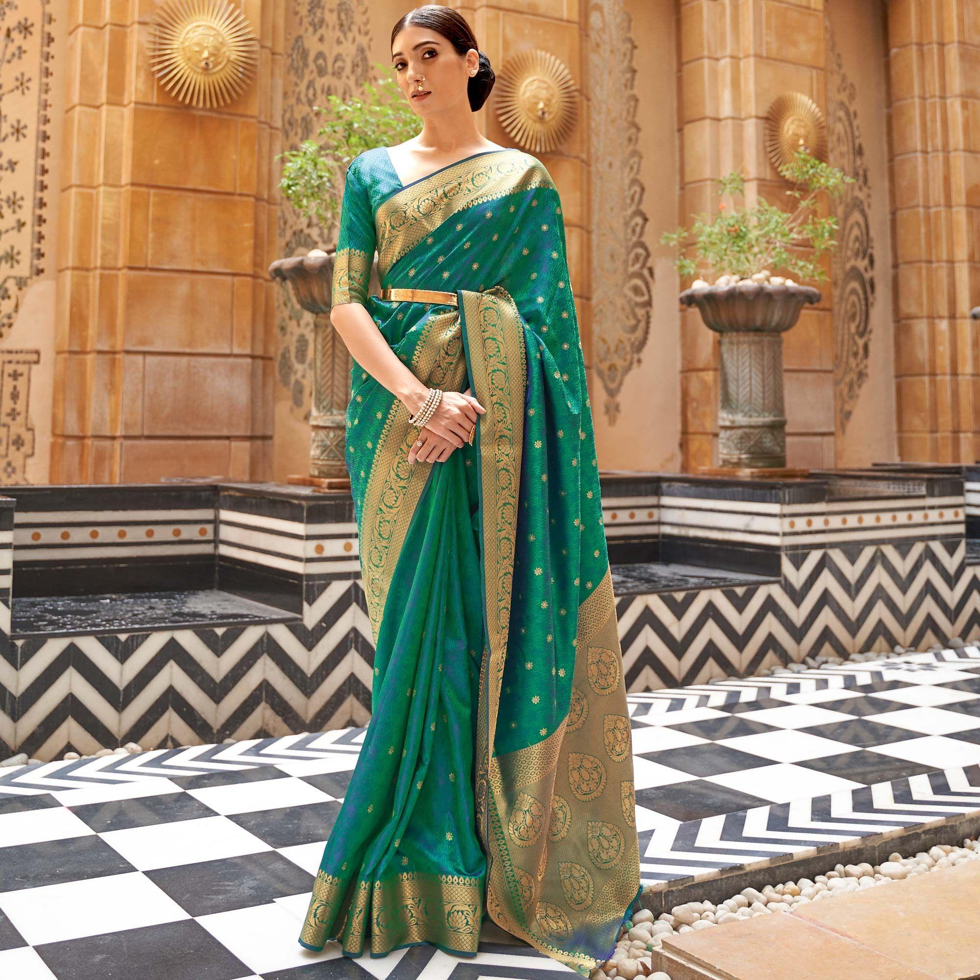 Green Festive Wear Woven Kanjivaram Silk Saree - Peachmode