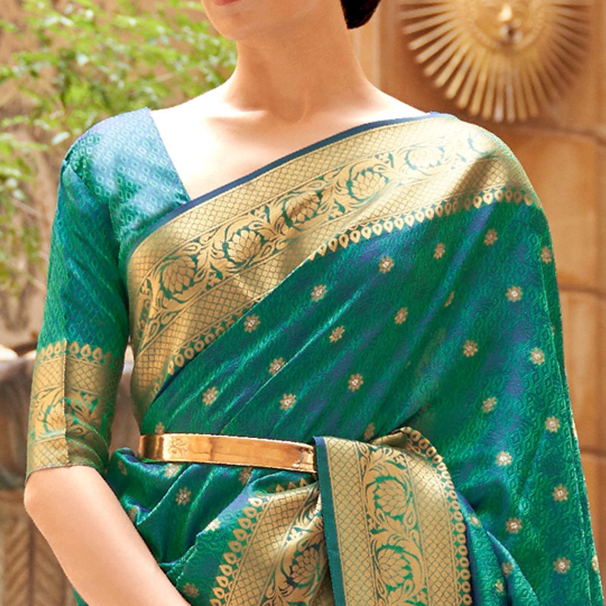 Green Festive Wear Woven Kanjivaram Silk Saree - Peachmode