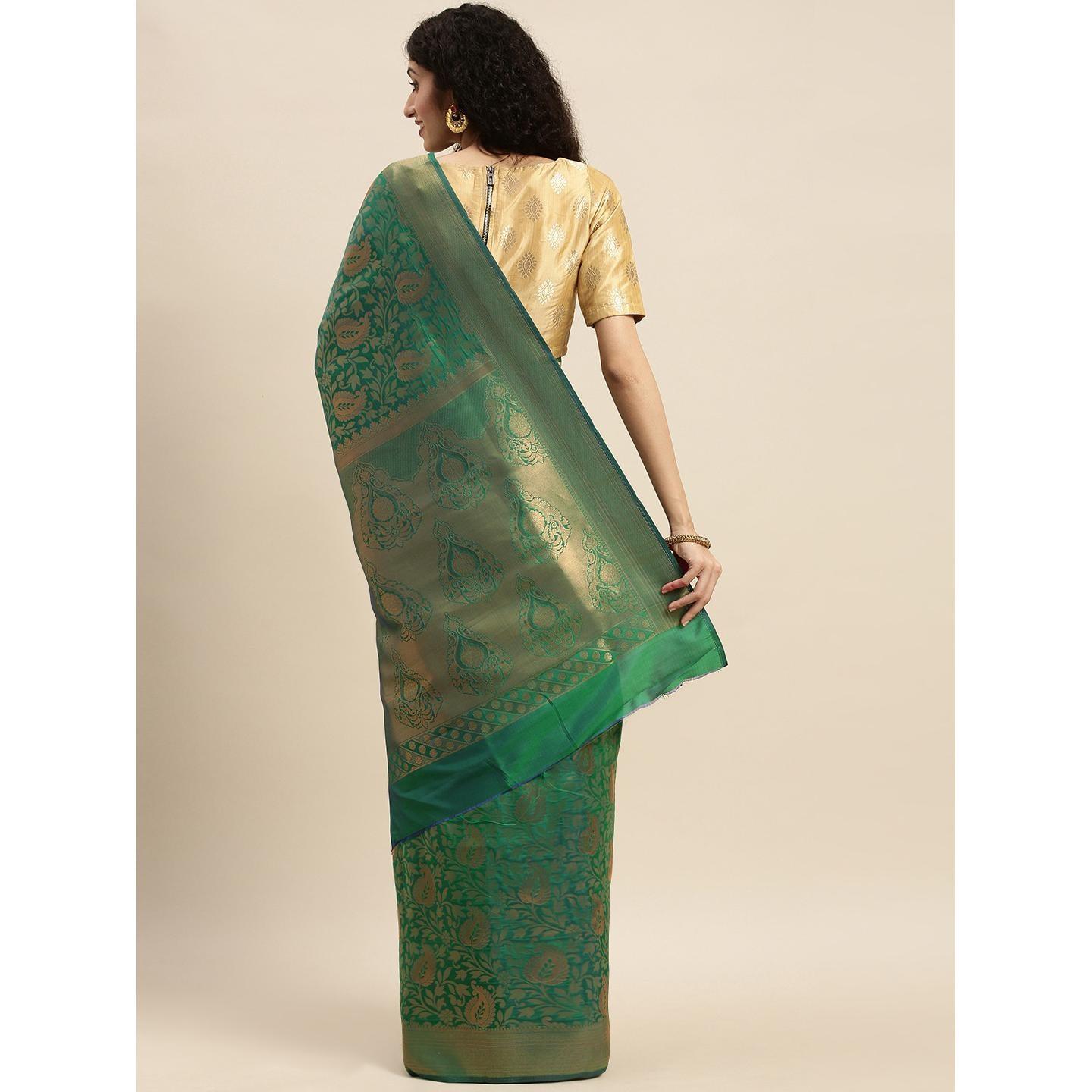 Green Festive Wear Woven Kanjivaram Silk Saree - Peachmode