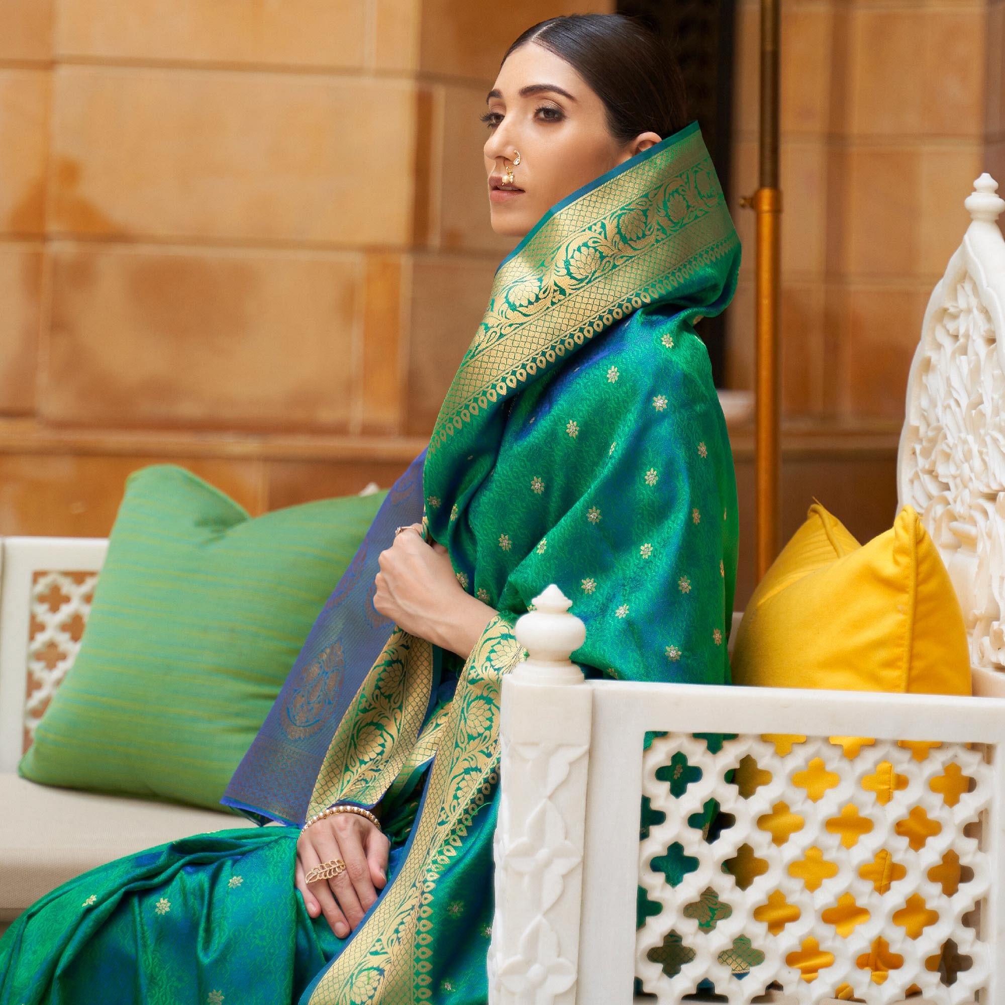 Green Festive Wear Woven Kanjivaram Silk Saree - Peachmode