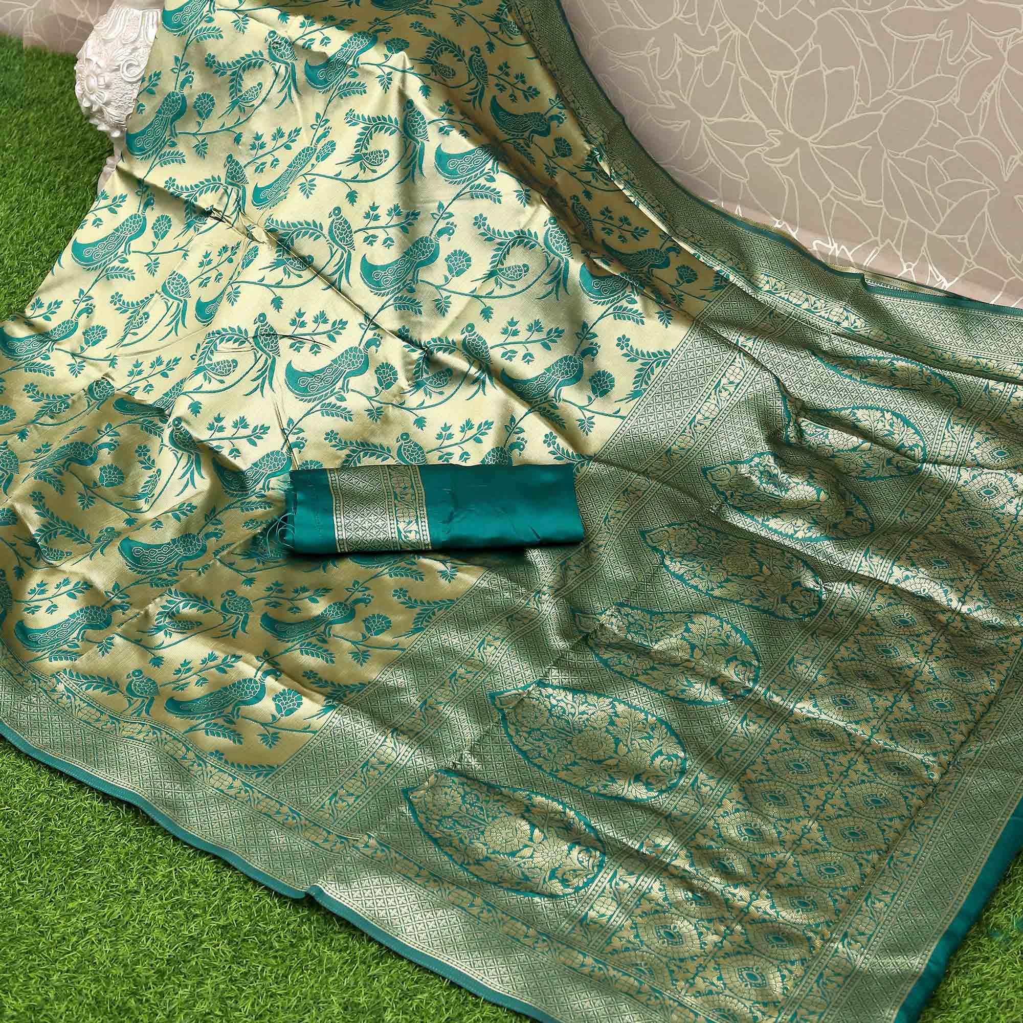 Green Festive Wear Woven Kota Litchi Banarasi Art Silk Saree - Peachmode
