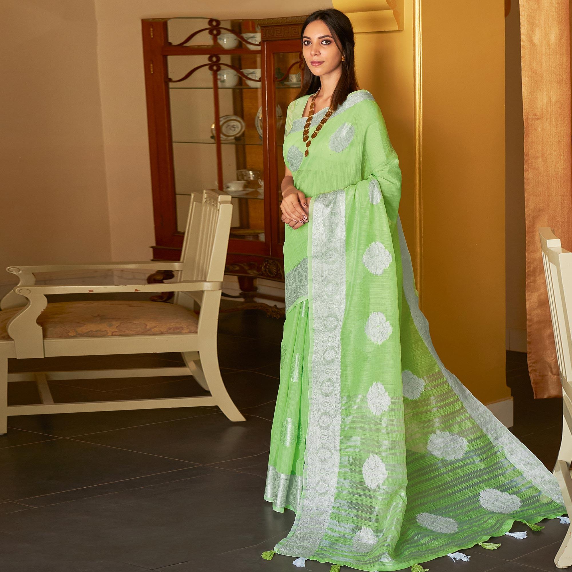 Green Festive Wear Woven Linen Saree - Peachmode