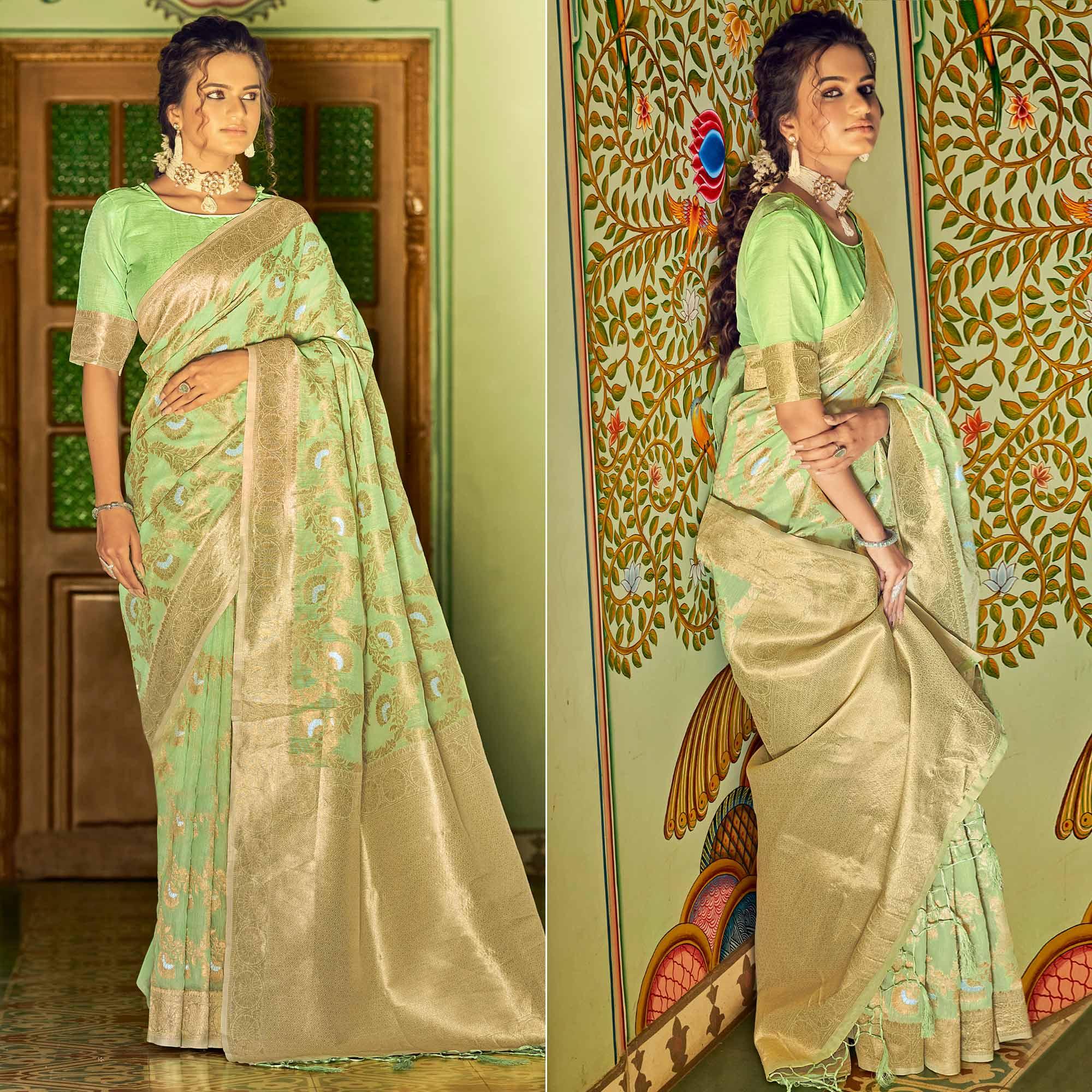 Green Festive Wear Woven Linen Saree - Peachmode