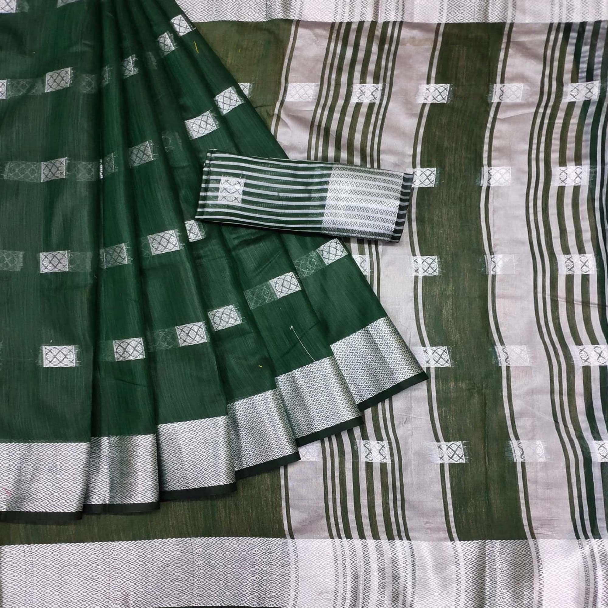 Green Festive Wear Woven Linen Saree - Peachmode