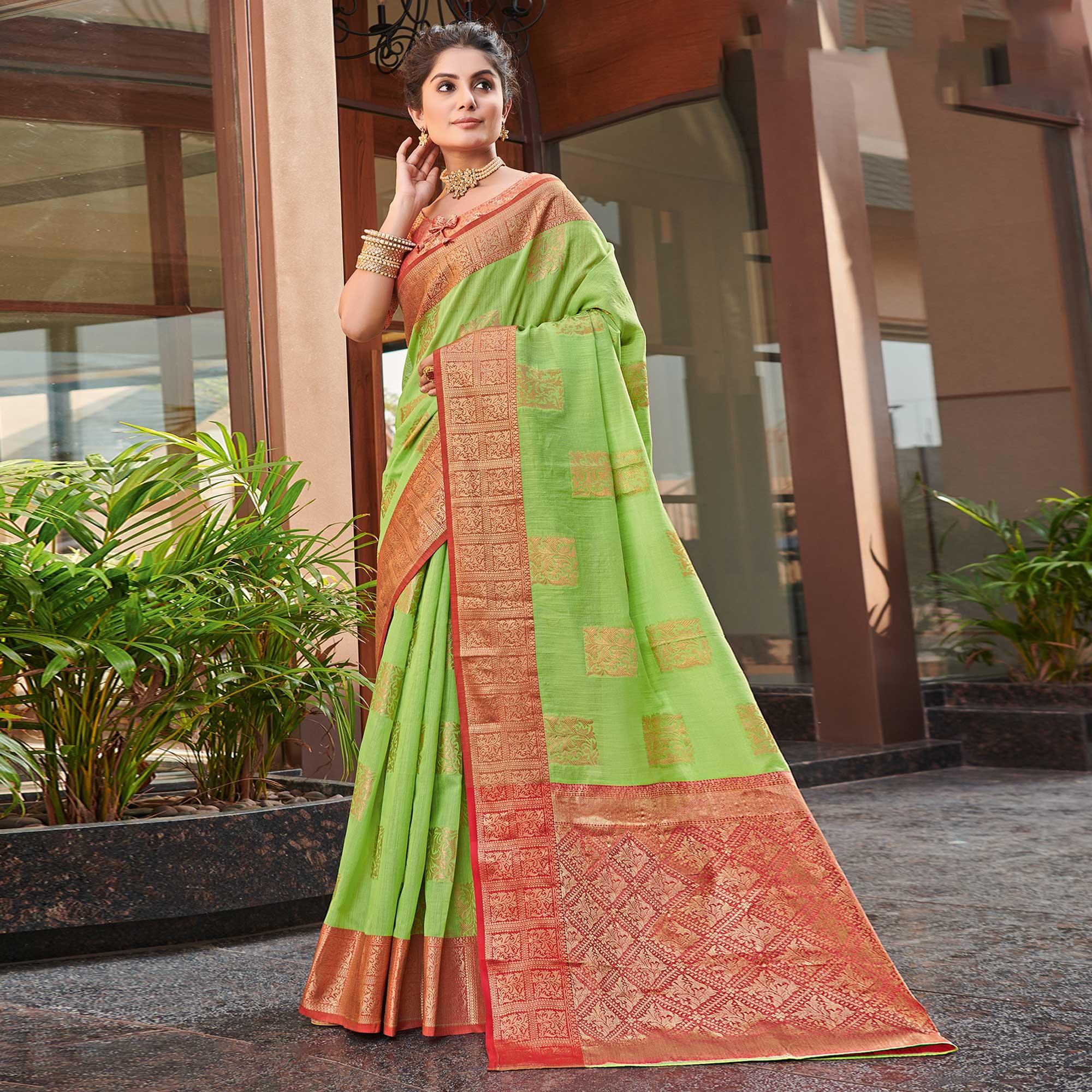 Green Festive Wear Woven Linen Saree - Peachmode