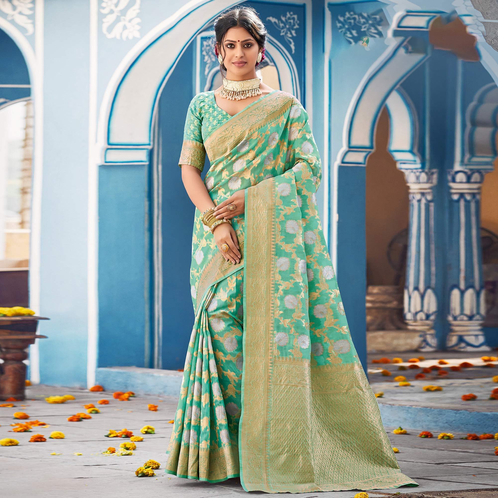 Green Festive Wear Woven Linen Saree - Peachmode