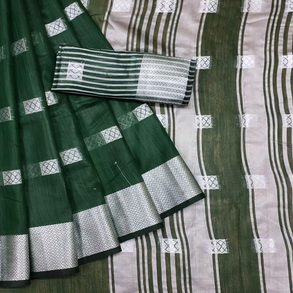 Green Festive Wear Woven Linen Saree - Peachmode