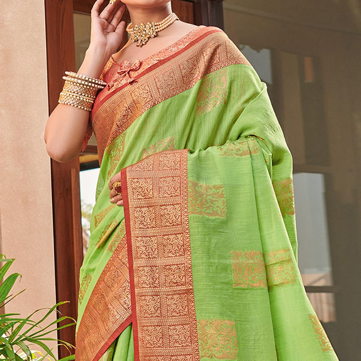 Green Festive Wear Woven Linen Saree - Peachmode