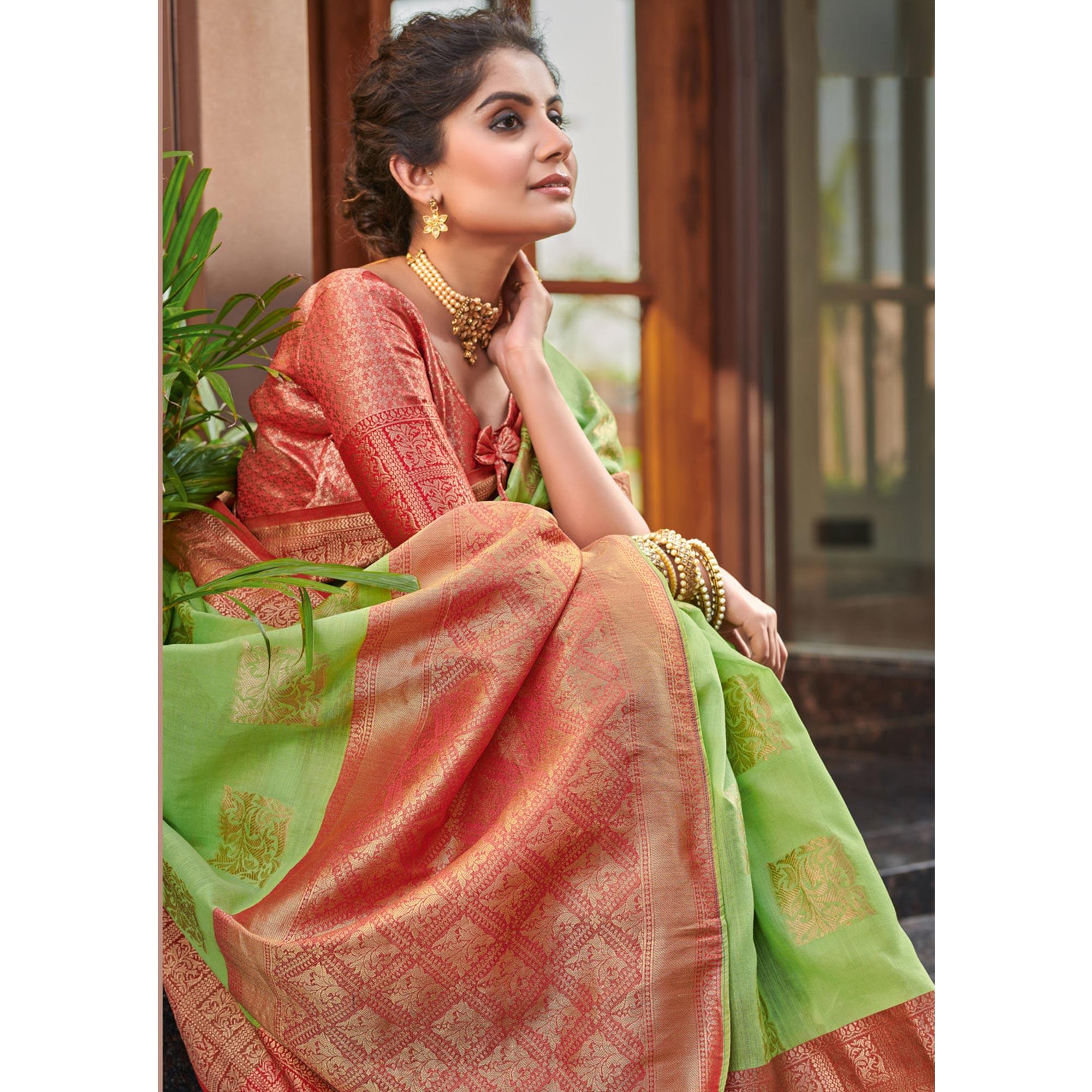 Green Festive Wear Woven Linen Saree - Peachmode