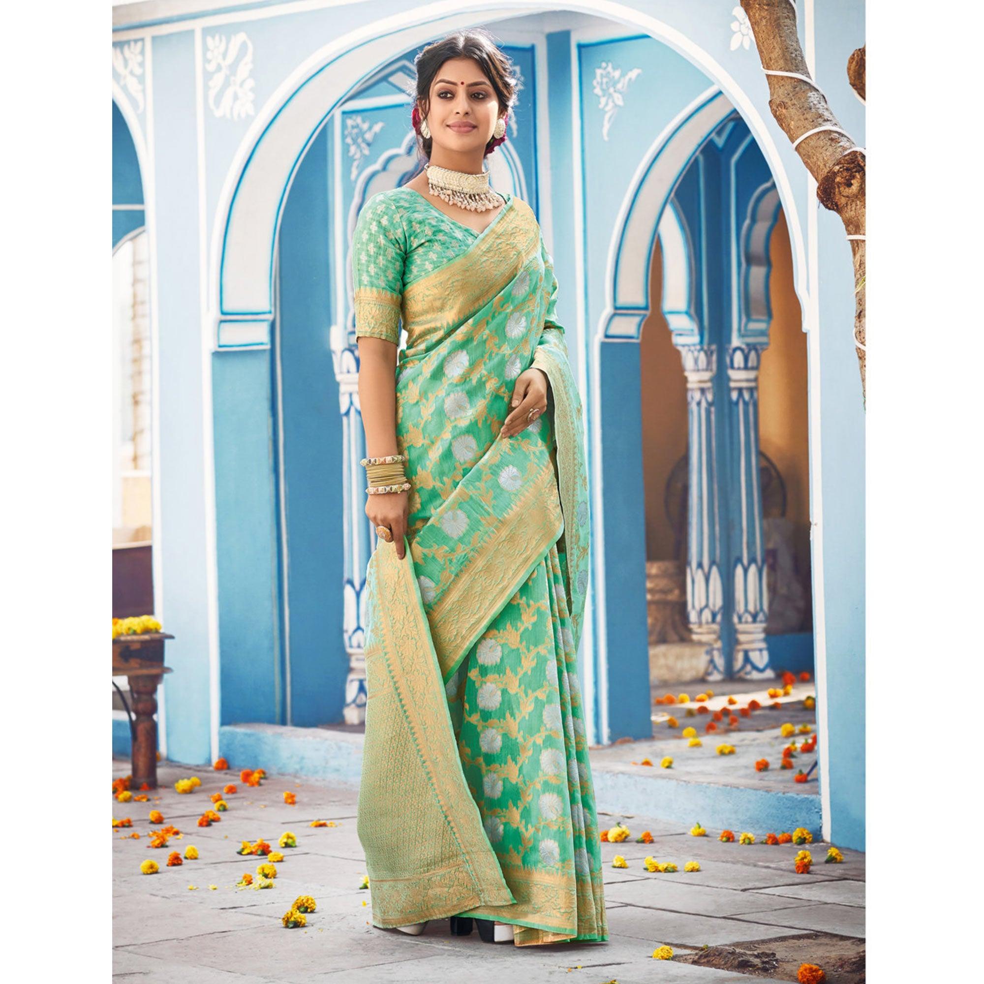 Green Festive Wear Woven Linen Saree - Peachmode