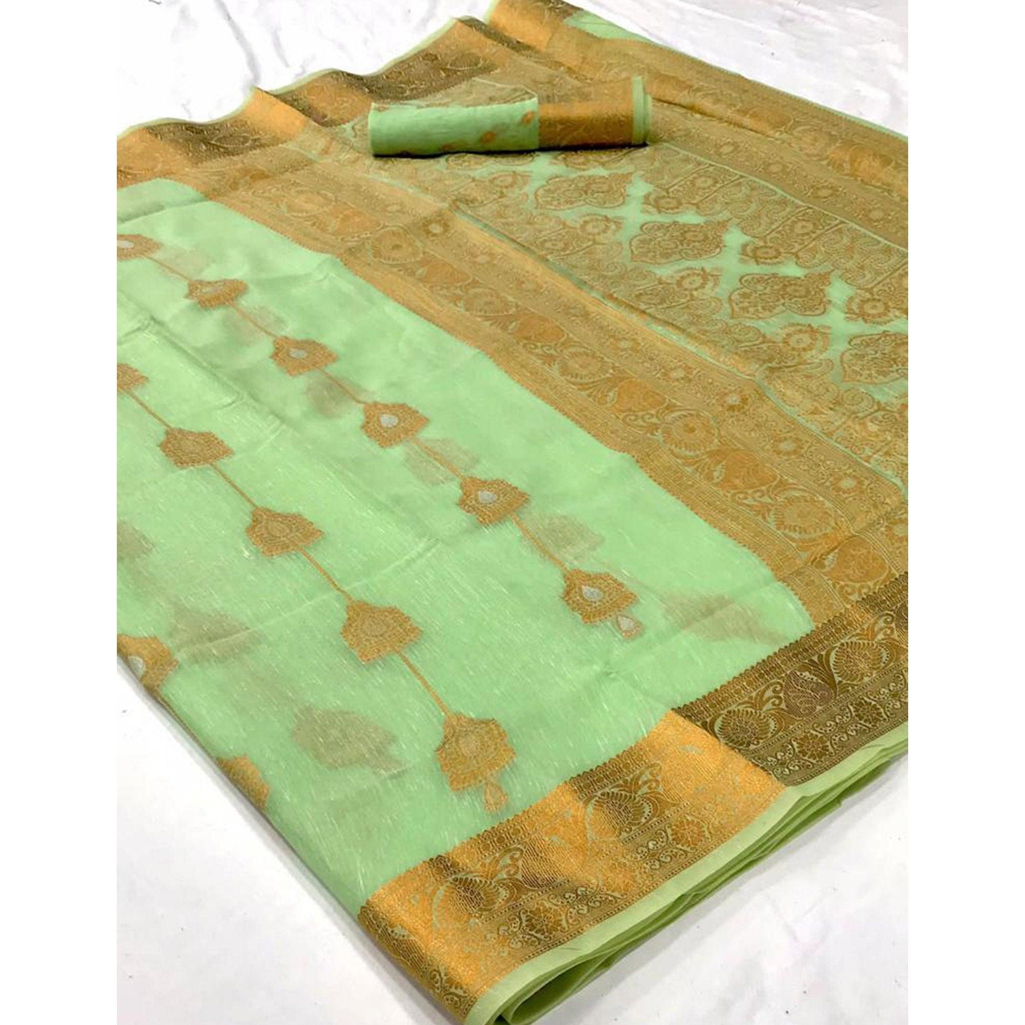 Green Festive Wear Woven Linen Saree - Peachmode