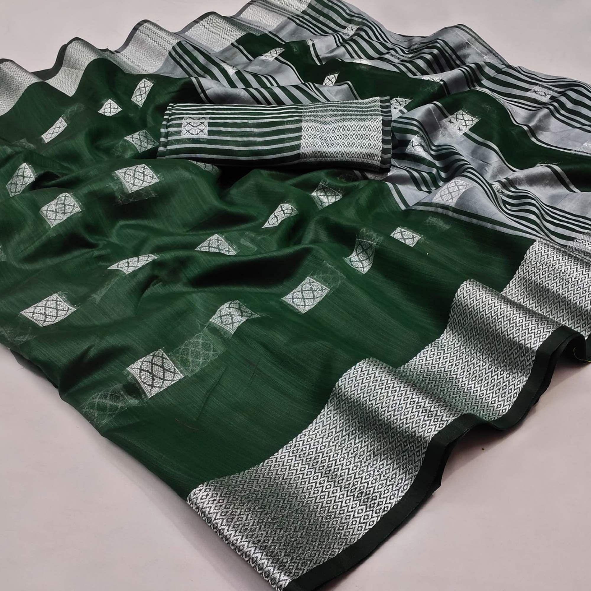 Green Festive Wear Woven Linen Saree - Peachmode