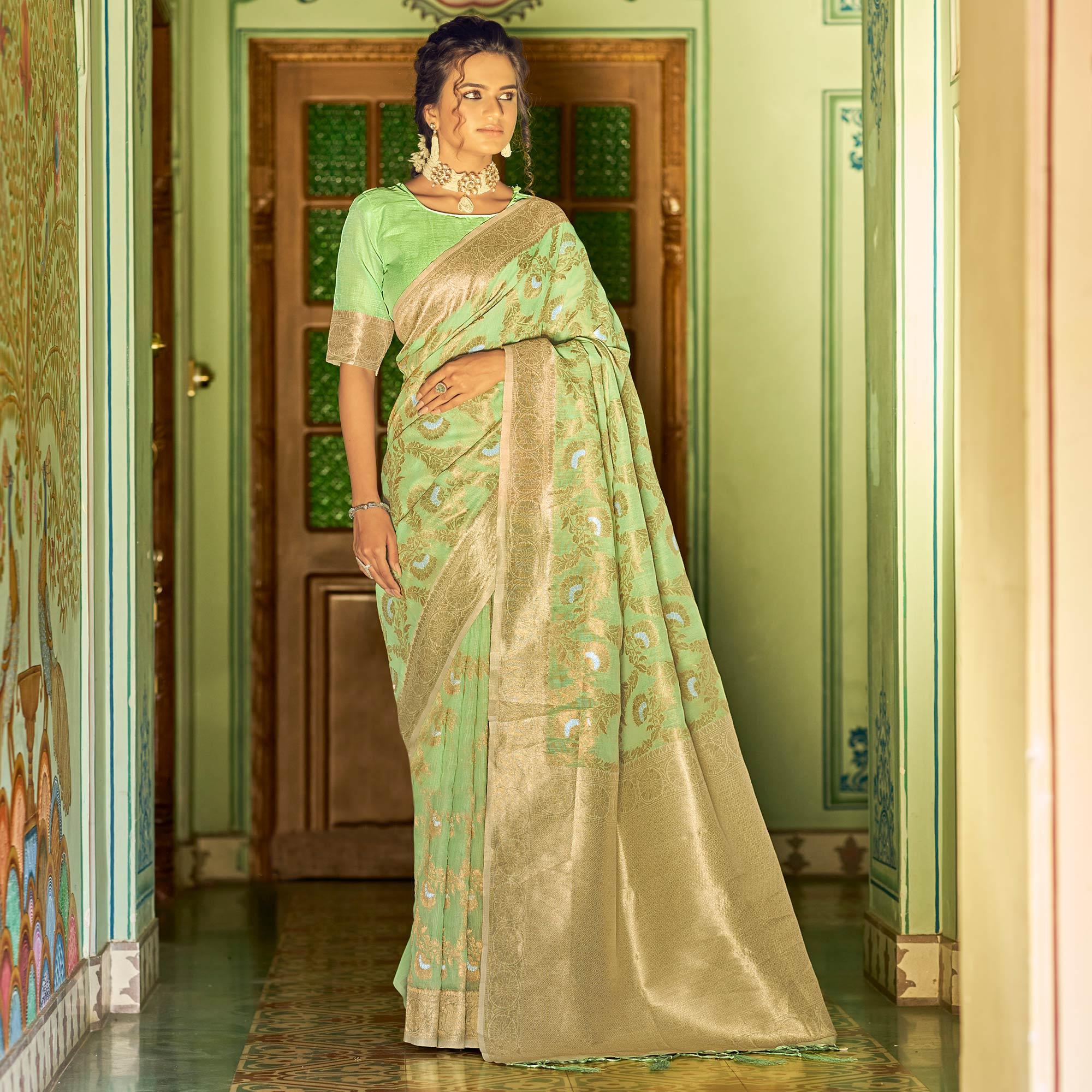 Green Festive Wear Woven Linen Saree - Peachmode