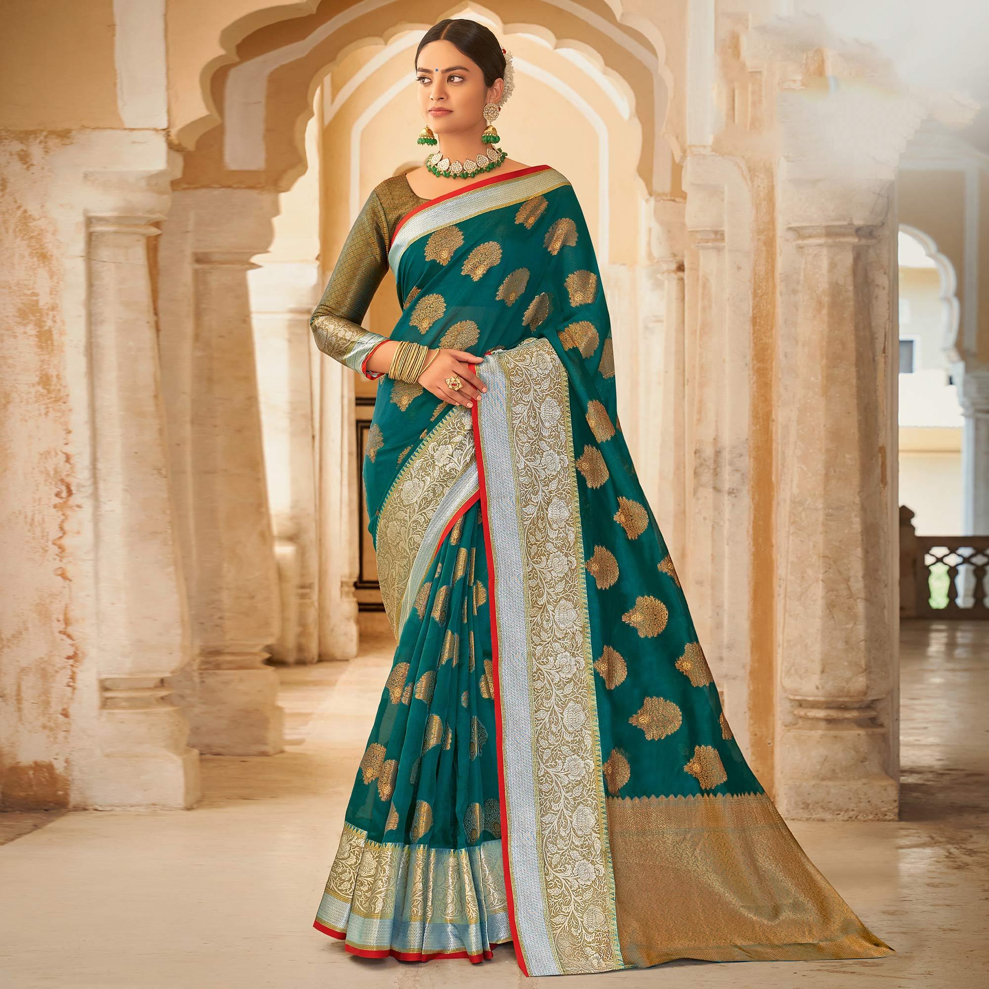 Green Festive Wear Woven Organza Saree - Peachmode