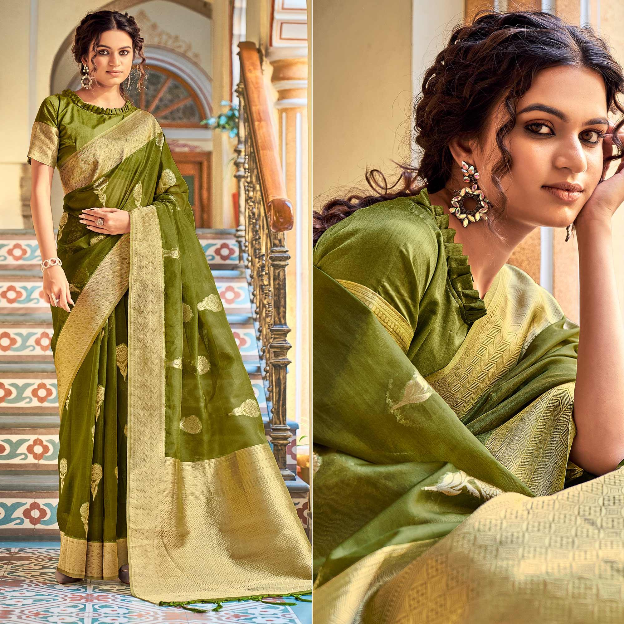 Green Festive Wear Woven Organza Saree - Peachmode