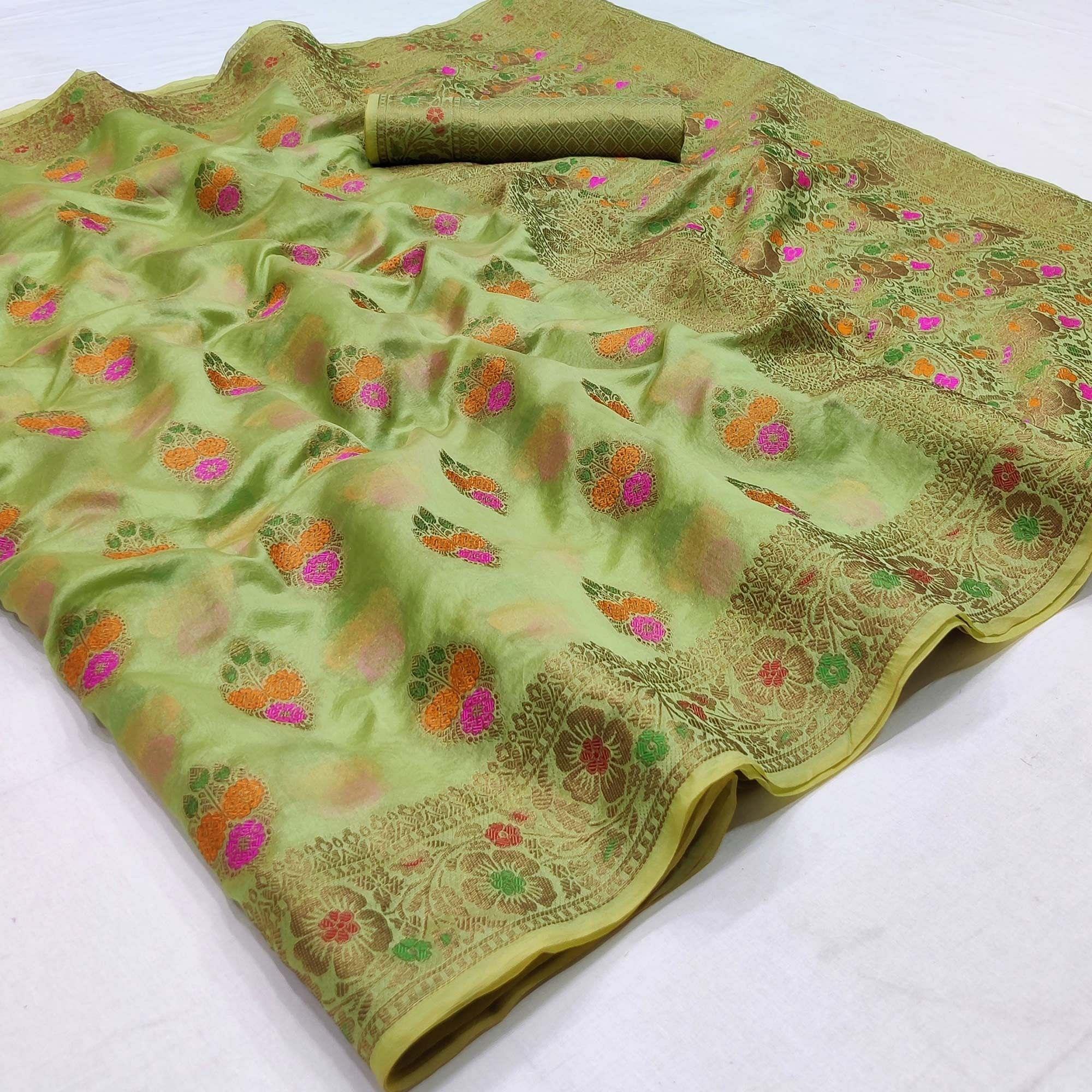 Green Festive Wear Woven Organza Saree - Peachmode