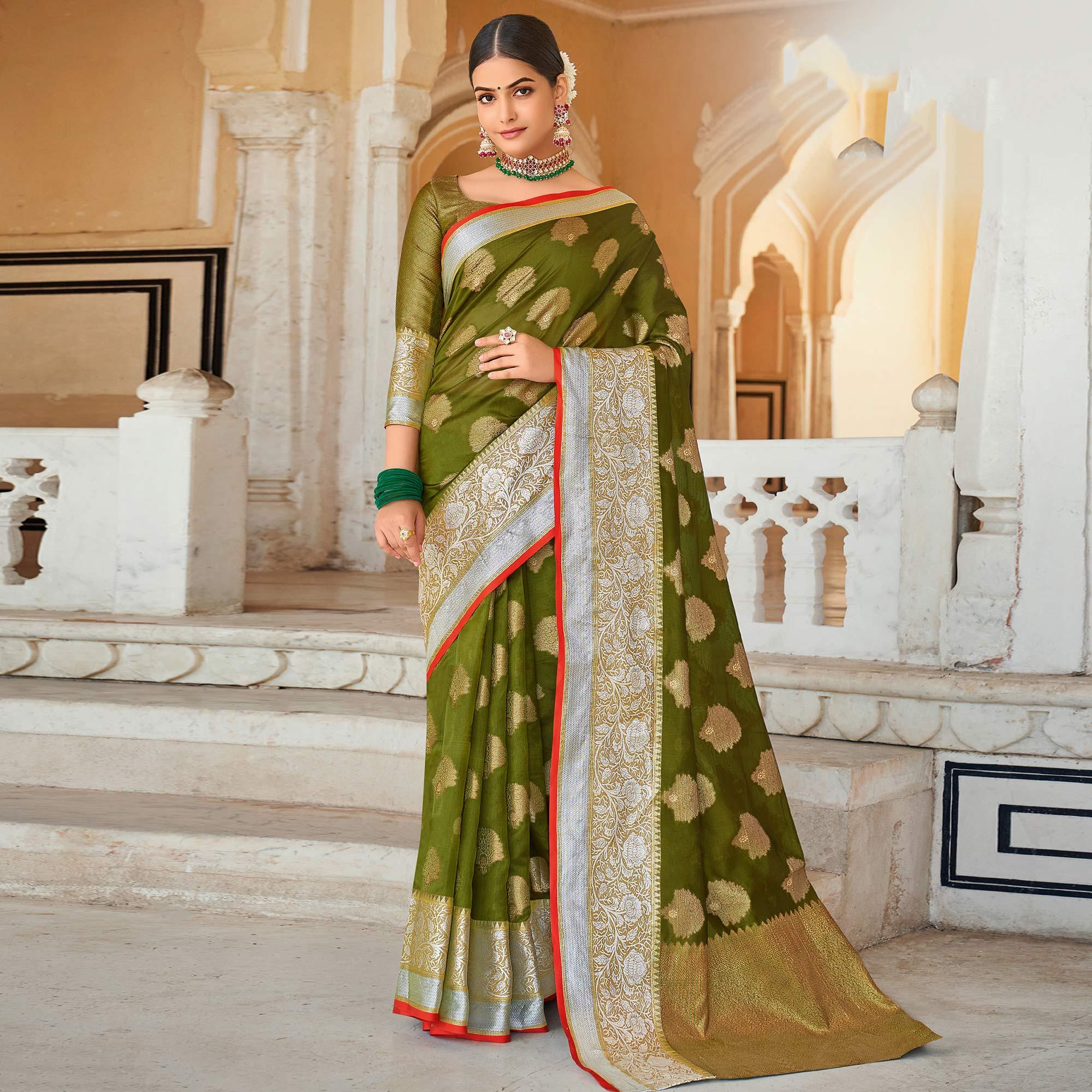 Green Festive Wear Woven Organza Saree - Peachmode