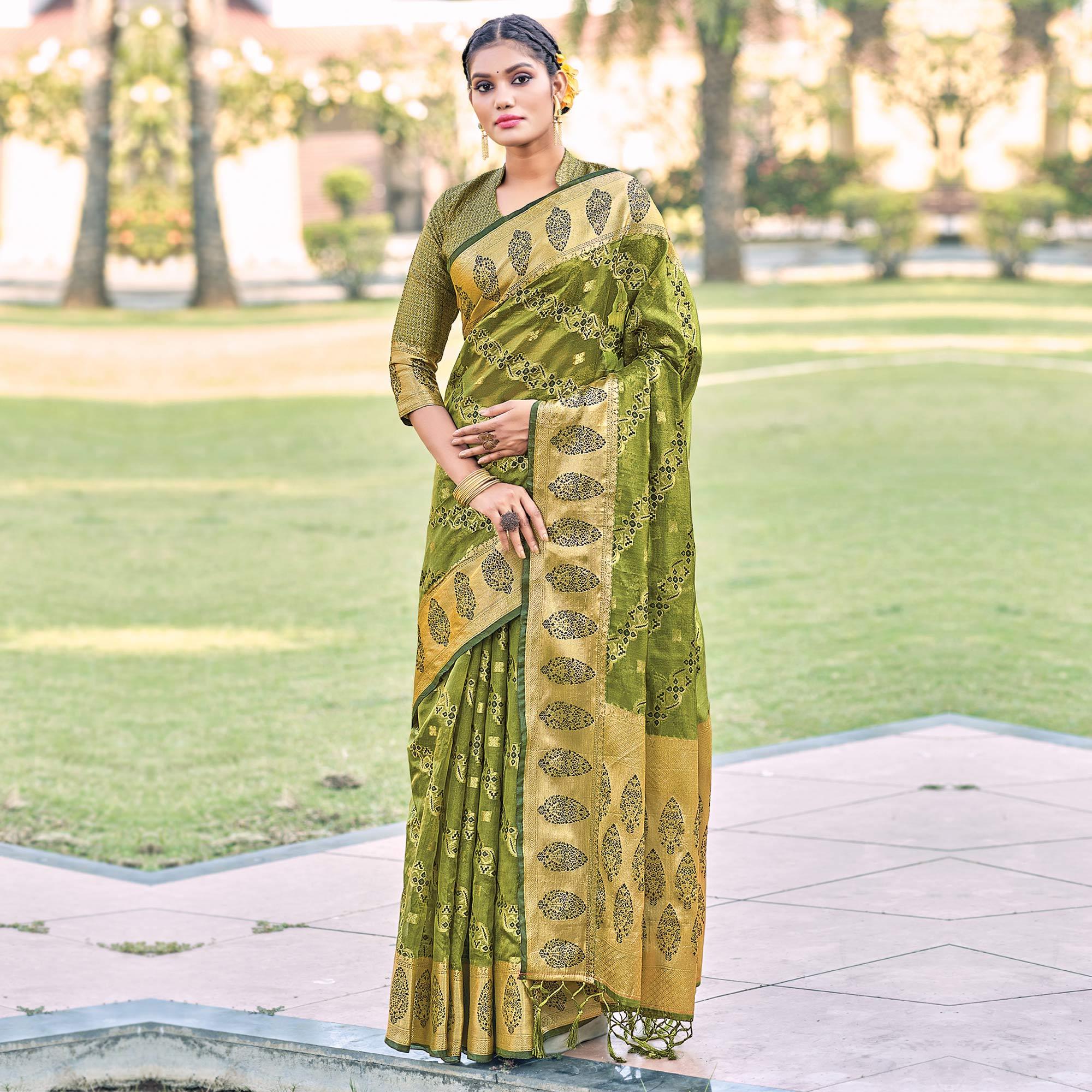 Green Festive Wear Woven Organza Saree - Peachmode
