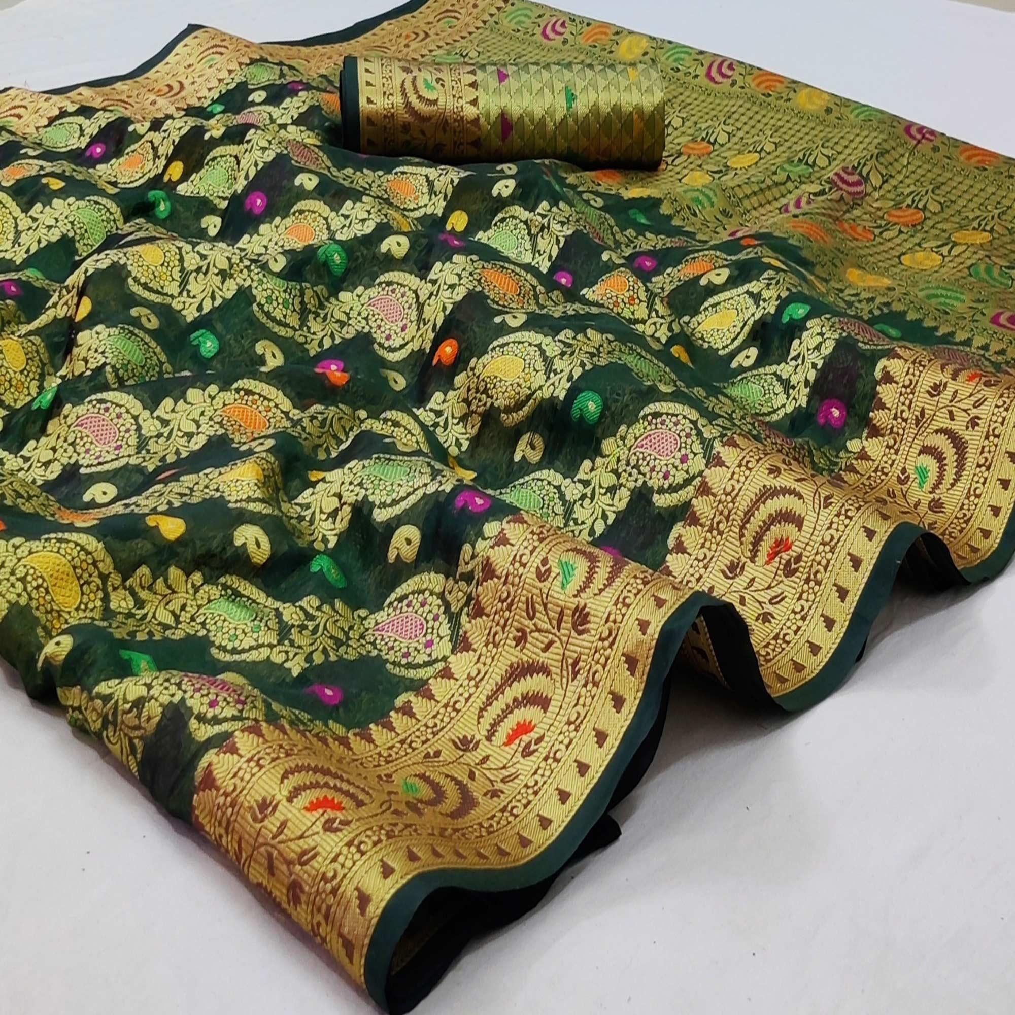Green Festive Wear Woven Organza Saree - Peachmode