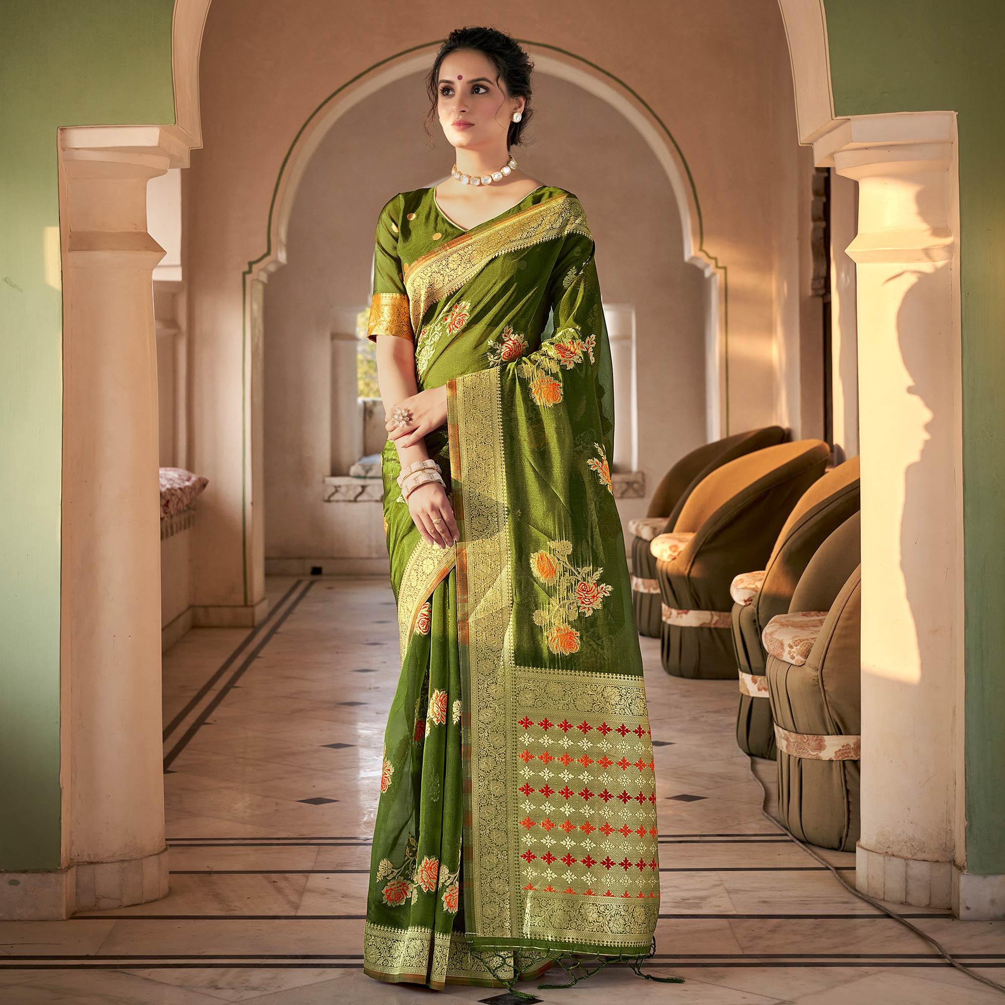 Green Festive Wear Woven Organza Saree - Peachmode