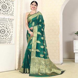 Green Festive Wear Woven Organza Saree - Peachmode