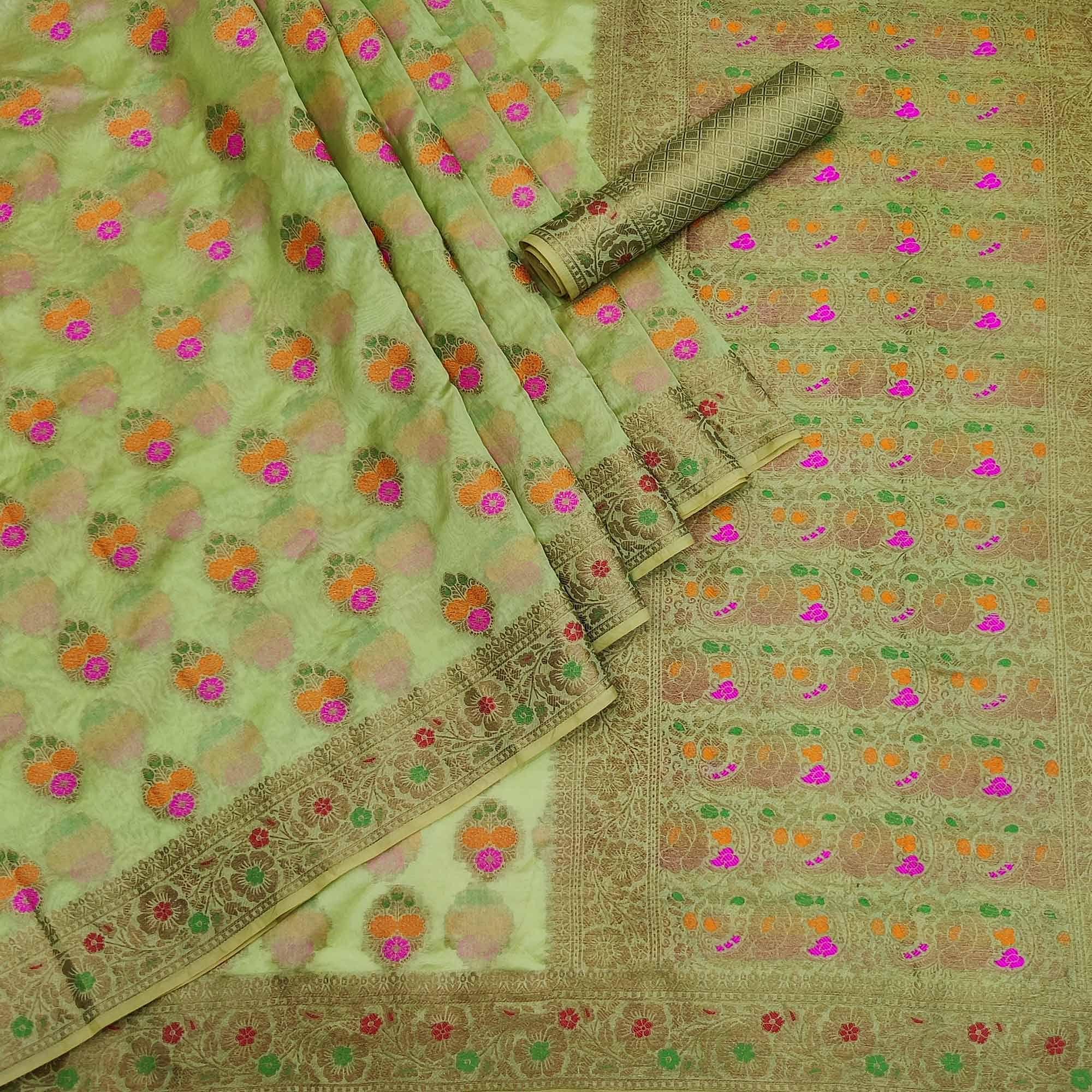 Green Festive Wear Woven Organza Saree - Peachmode