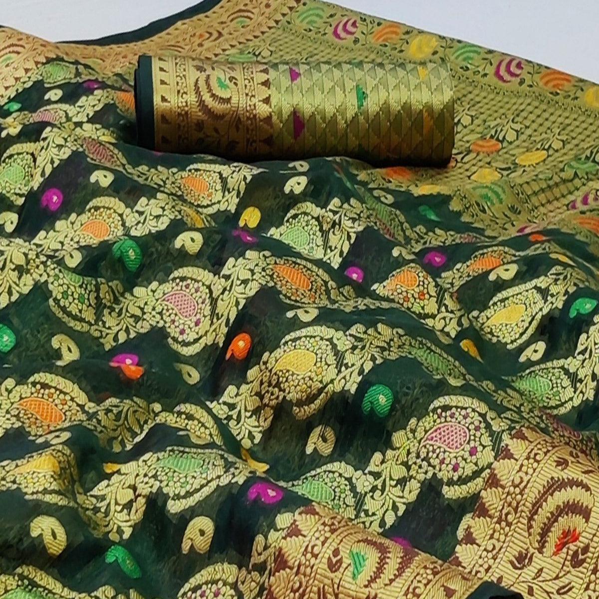 Green Festive Wear Woven Organza Saree - Peachmode