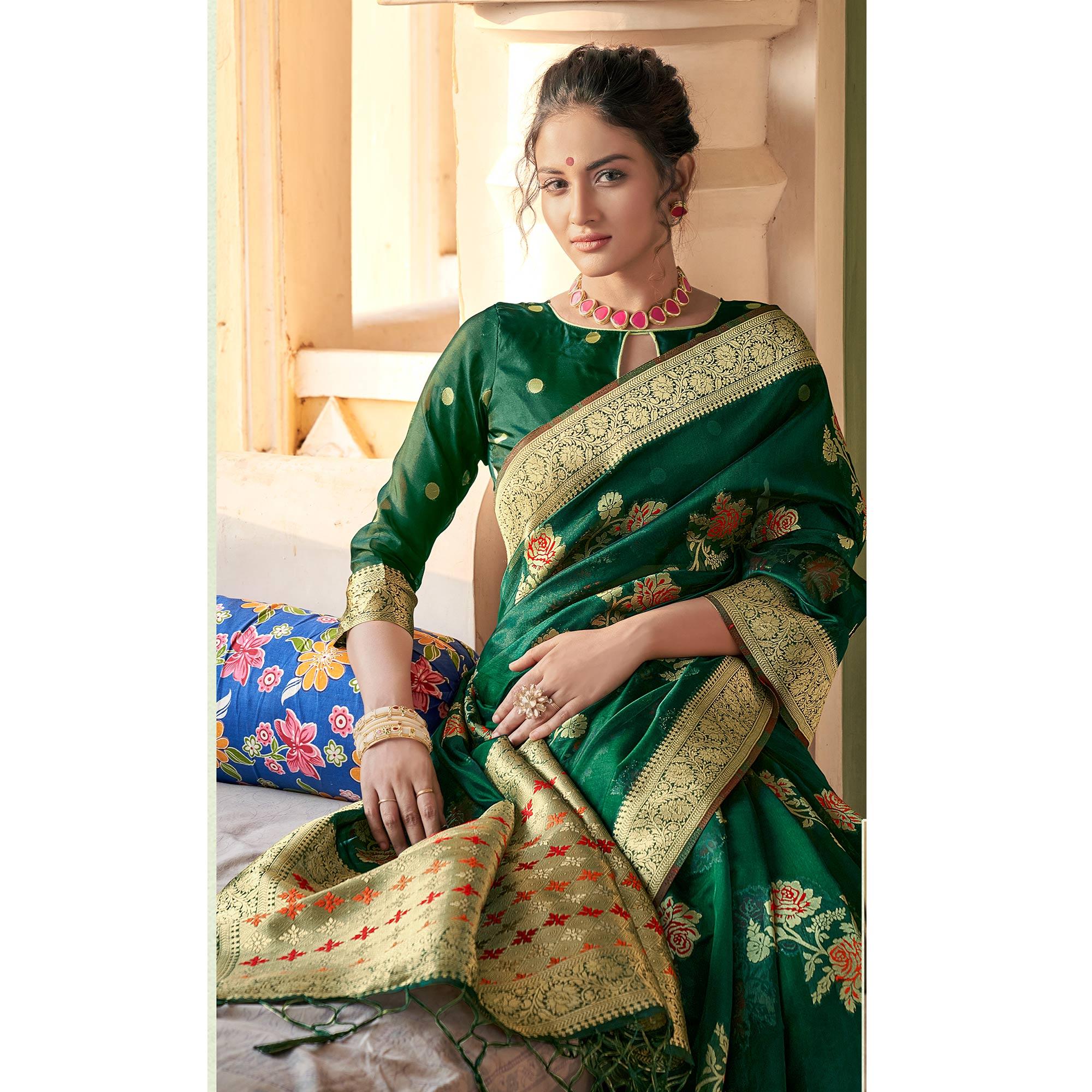 Green Festive Wear Woven Organza Saree - Peachmode