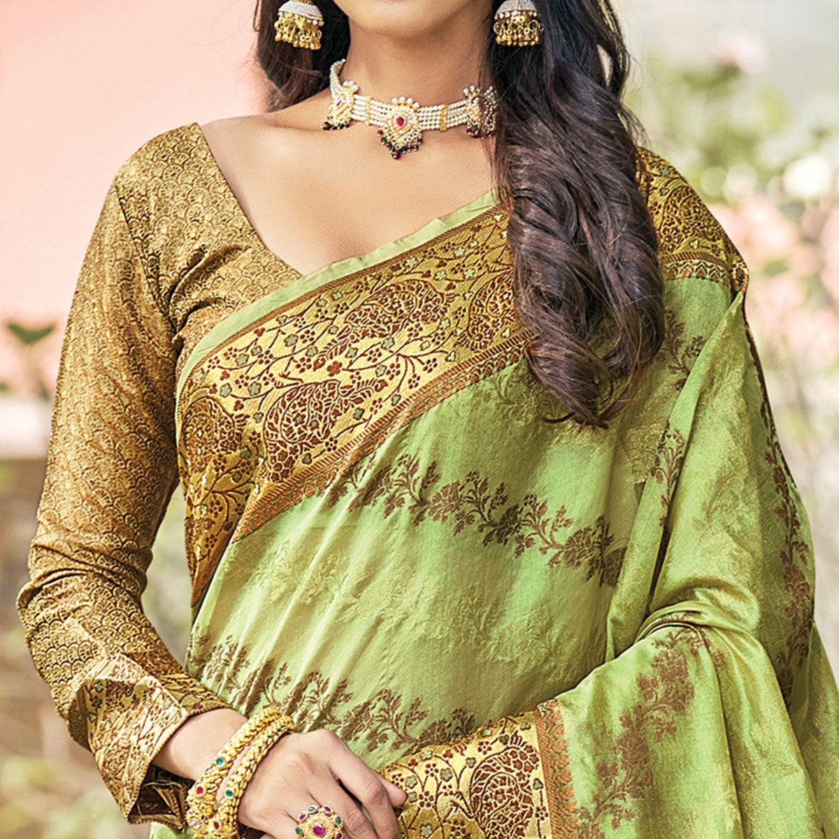 Green Festive Wear Woven Organza Saree - Peachmode
