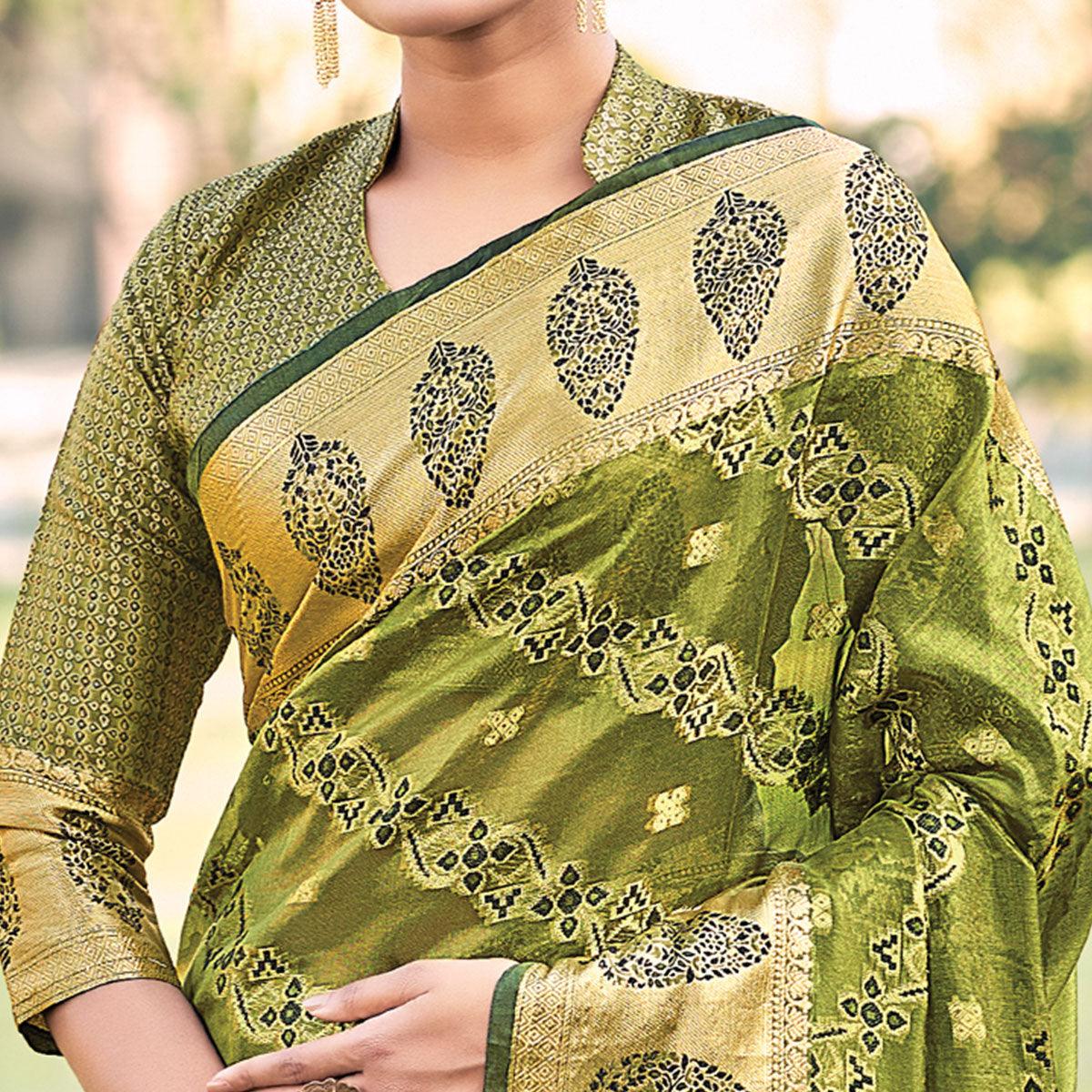 Green Festive Wear Woven Organza Saree - Peachmode