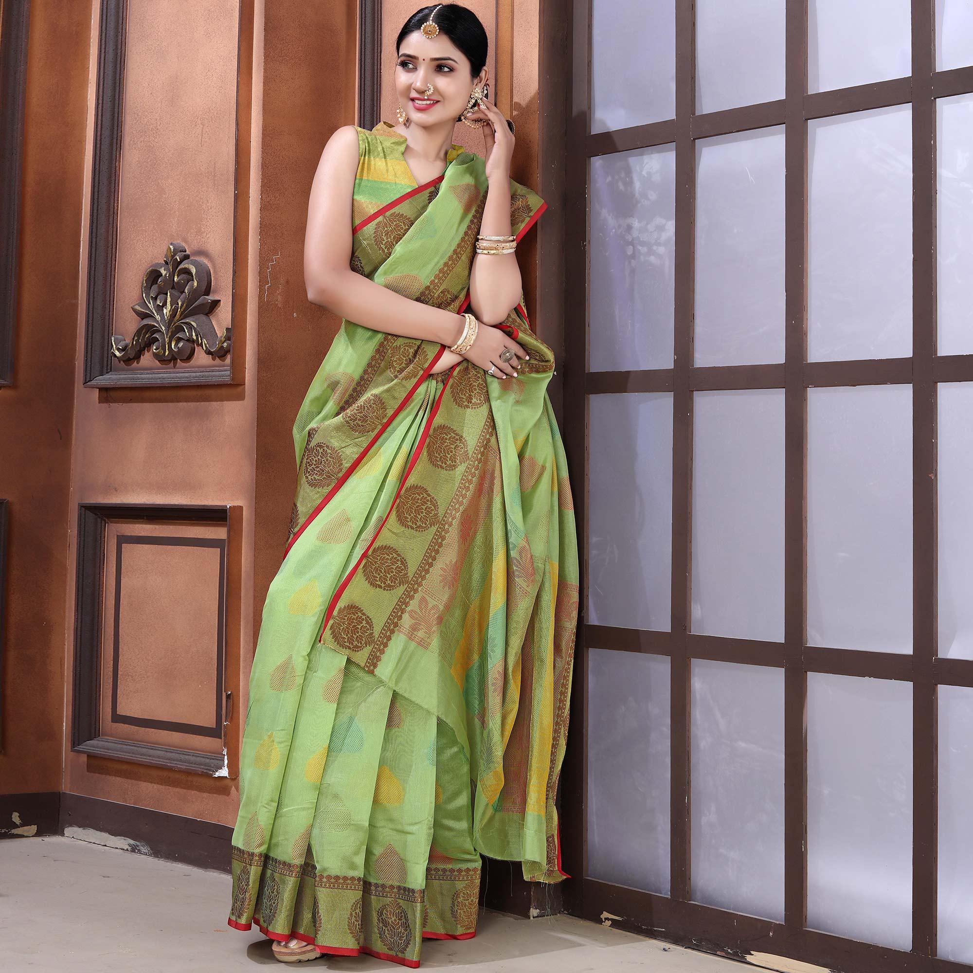 Green Festive Wear Woven Organza Saree - Peachmode