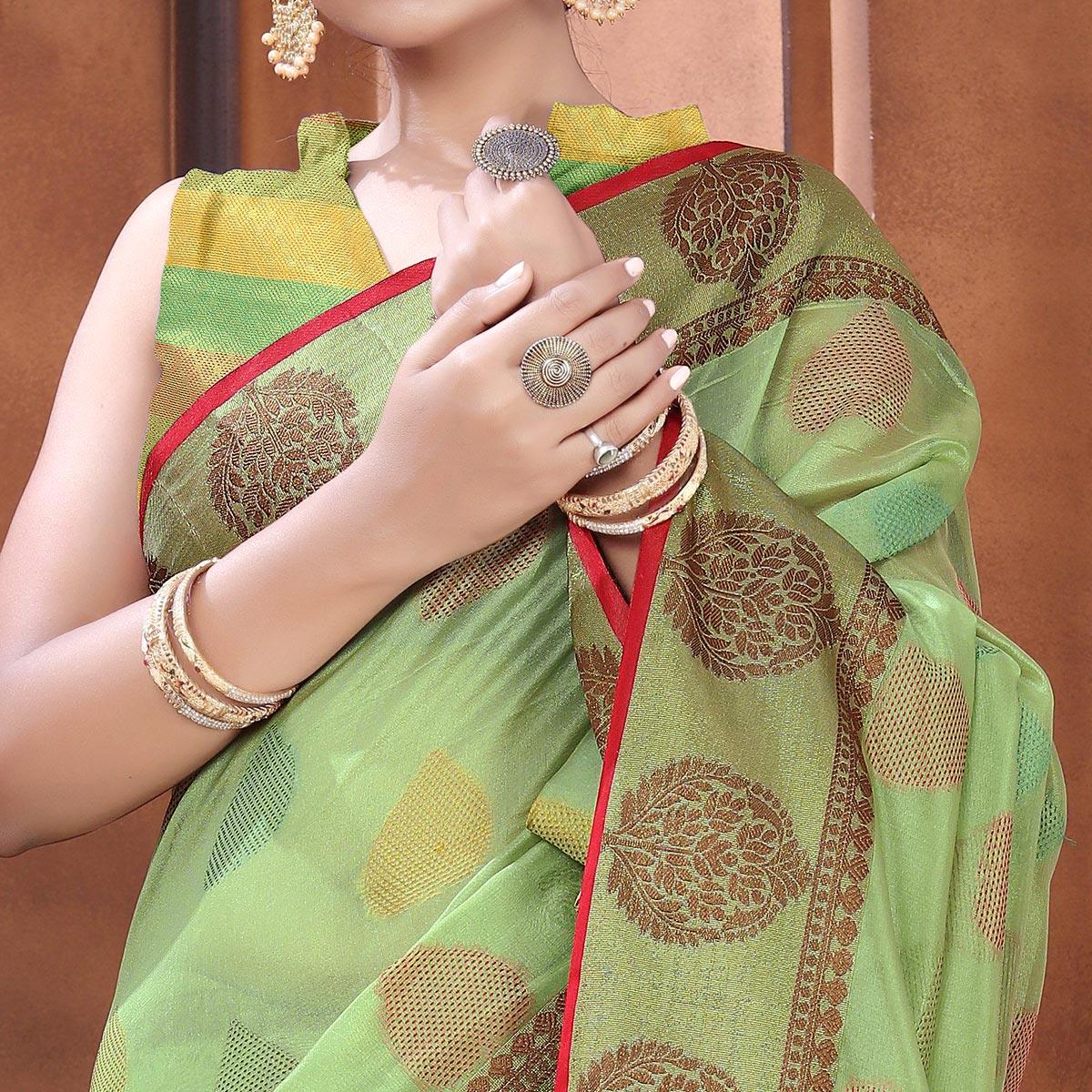 Green Festive Wear Woven Organza Saree - Peachmode