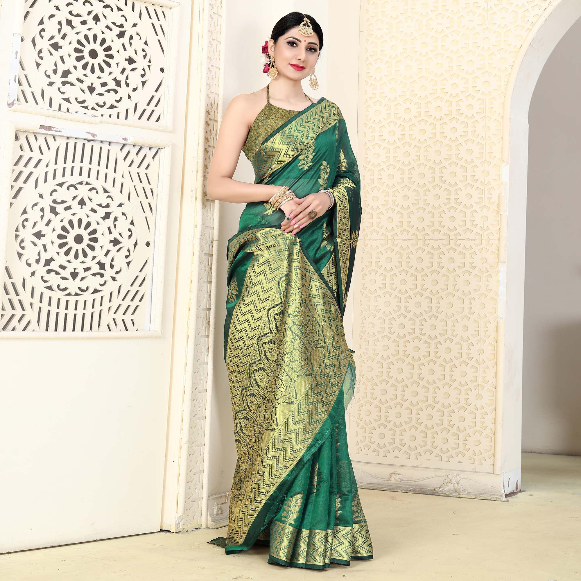 Green Festive Wear Woven Organza Saree - Peachmode