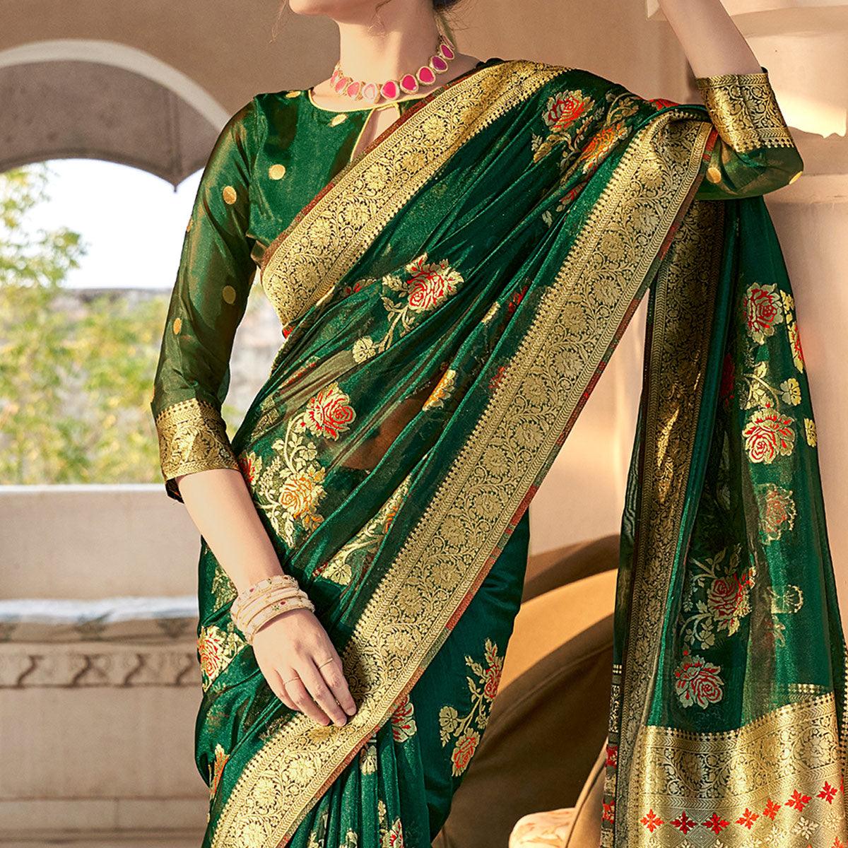 Green Festive Wear Woven Organza Saree - Peachmode