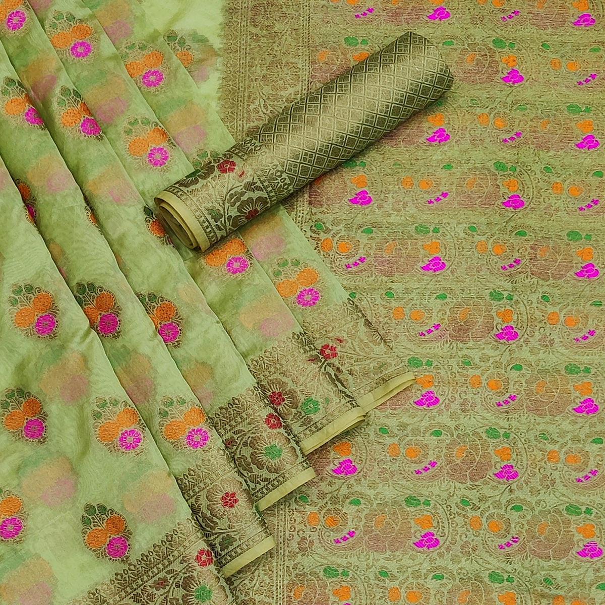 Green Festive Wear Woven Organza Saree - Peachmode