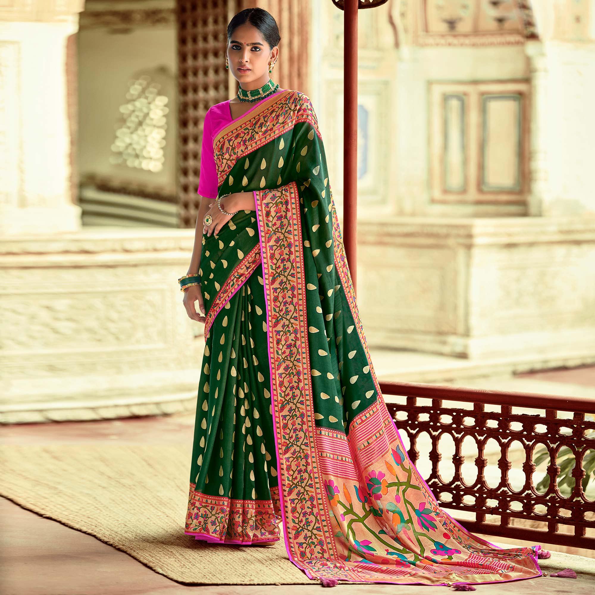 Green Festive Wear Woven Paithani Silk Brasso Saree - Peachmode