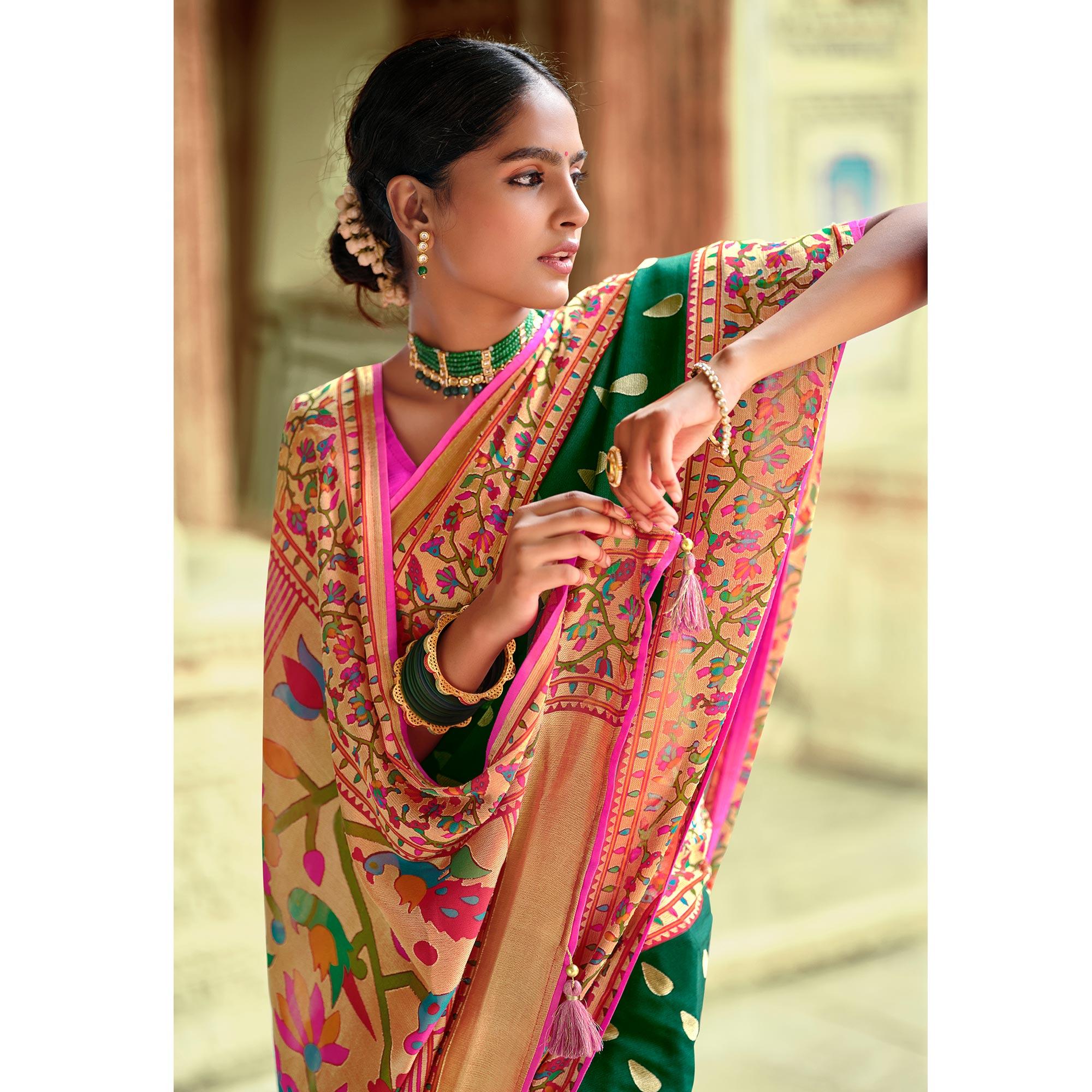 Green Festive Wear Woven Paithani Silk Brasso Saree - Peachmode