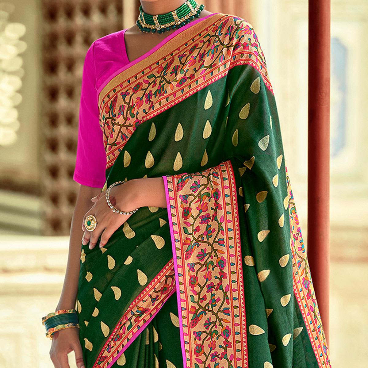 Green Festive Wear Woven Paithani Silk Brasso Saree - Peachmode