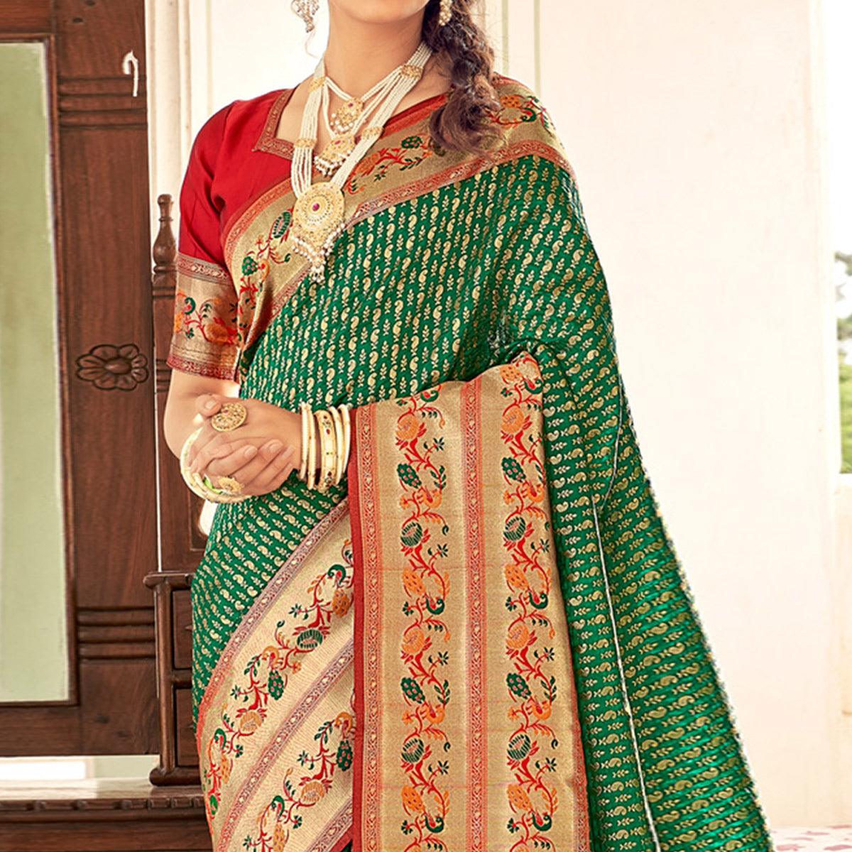 Green Festive Wear Woven Paithani Silk Saree - Peachmode