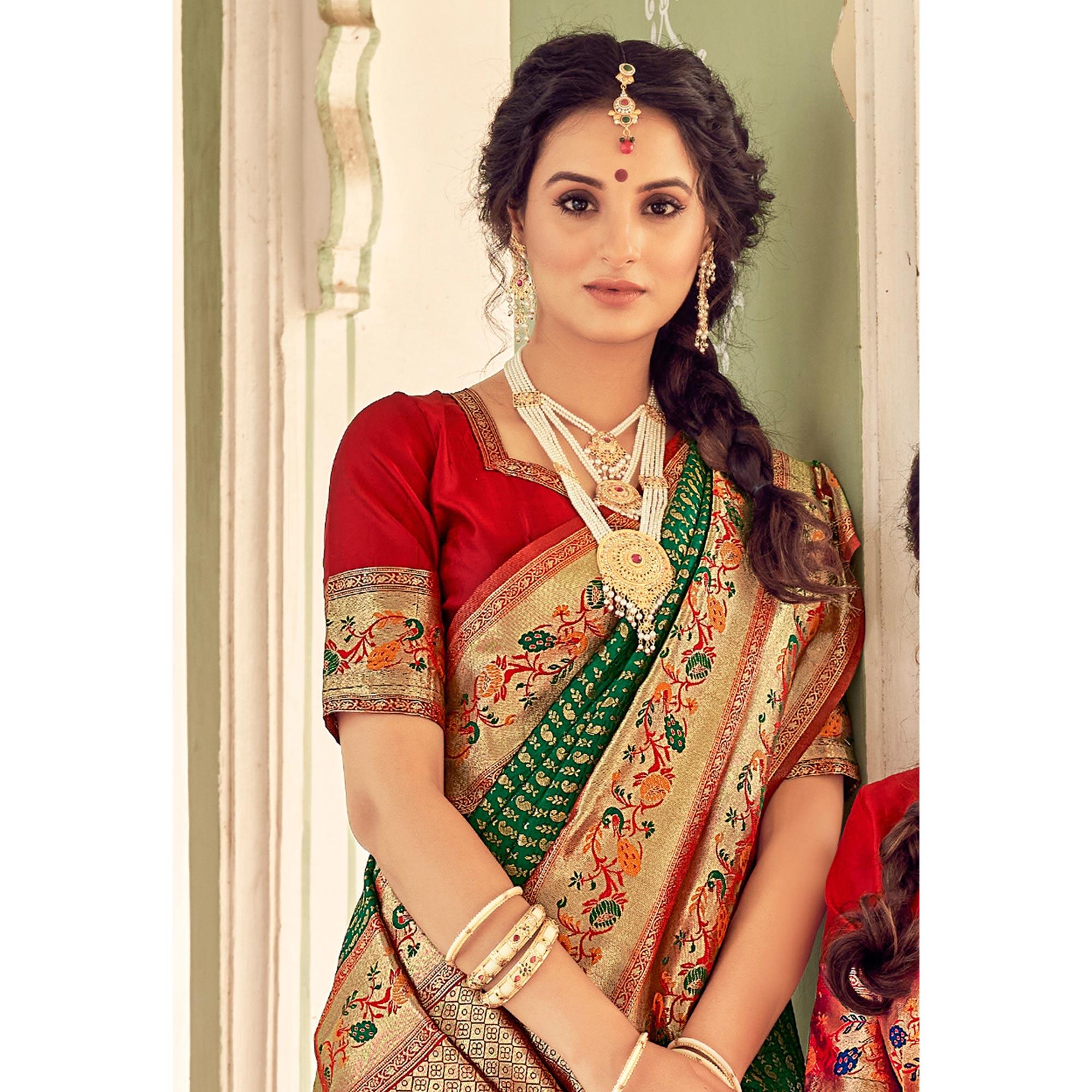 Green Festive Wear Woven Paithani Silk Saree - Peachmode