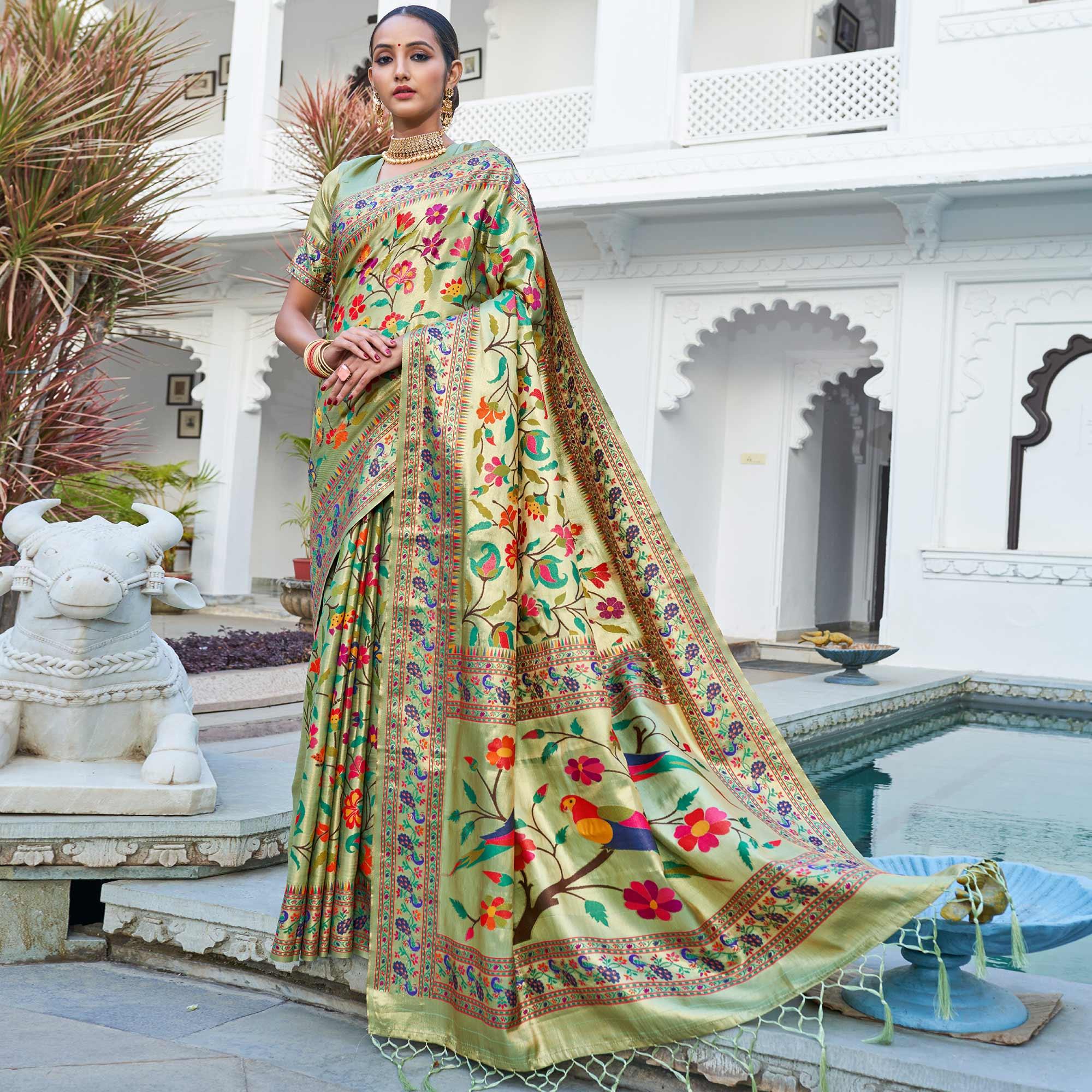 Green Festive Wear Woven Pure Paithani Silk Saree - Peachmode