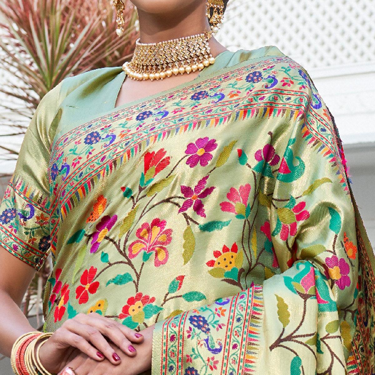 Green Festive Wear Woven Pure Paithani Silk Saree - Peachmode
