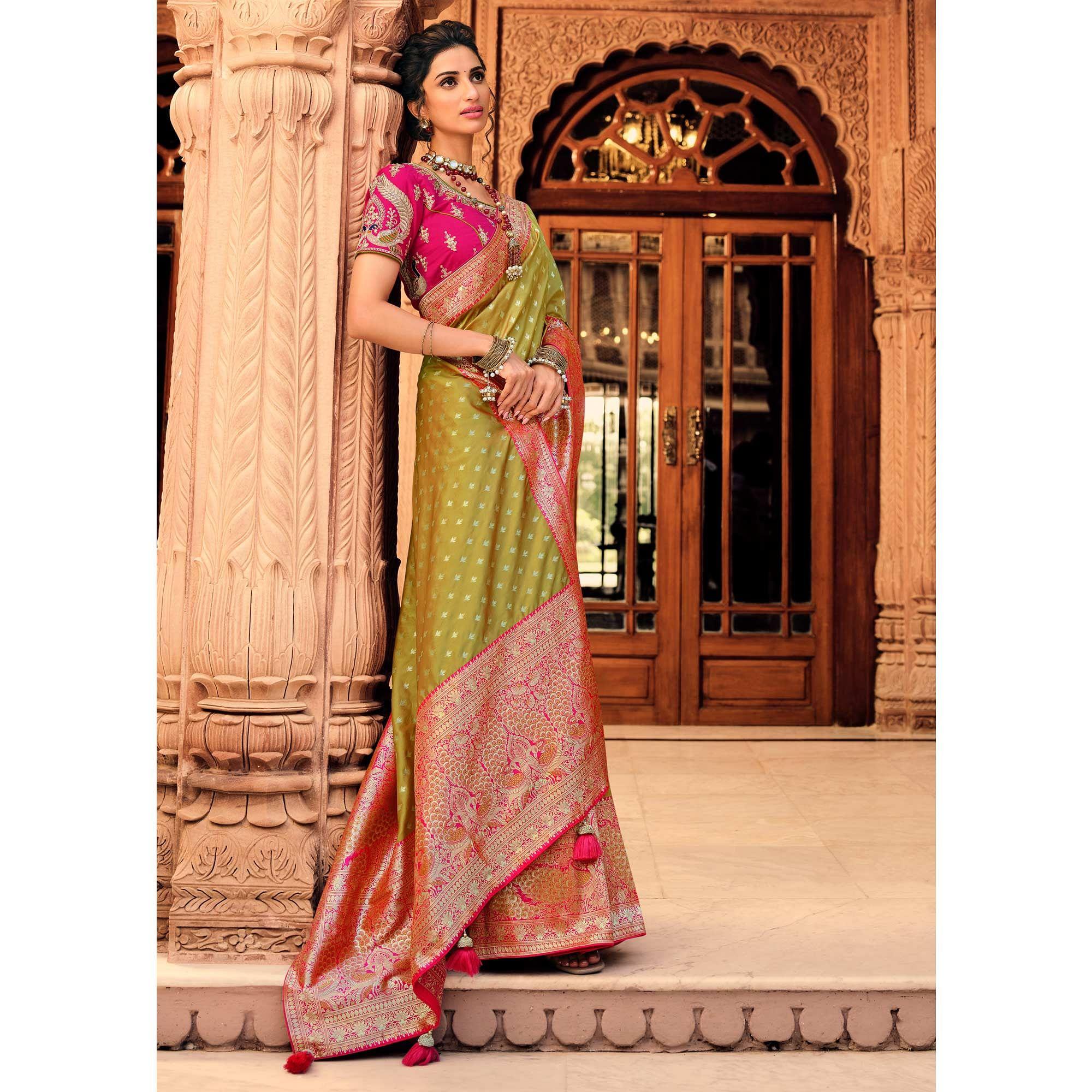 Green Festive Wear Woven Pure Silk Saree - Peachmode