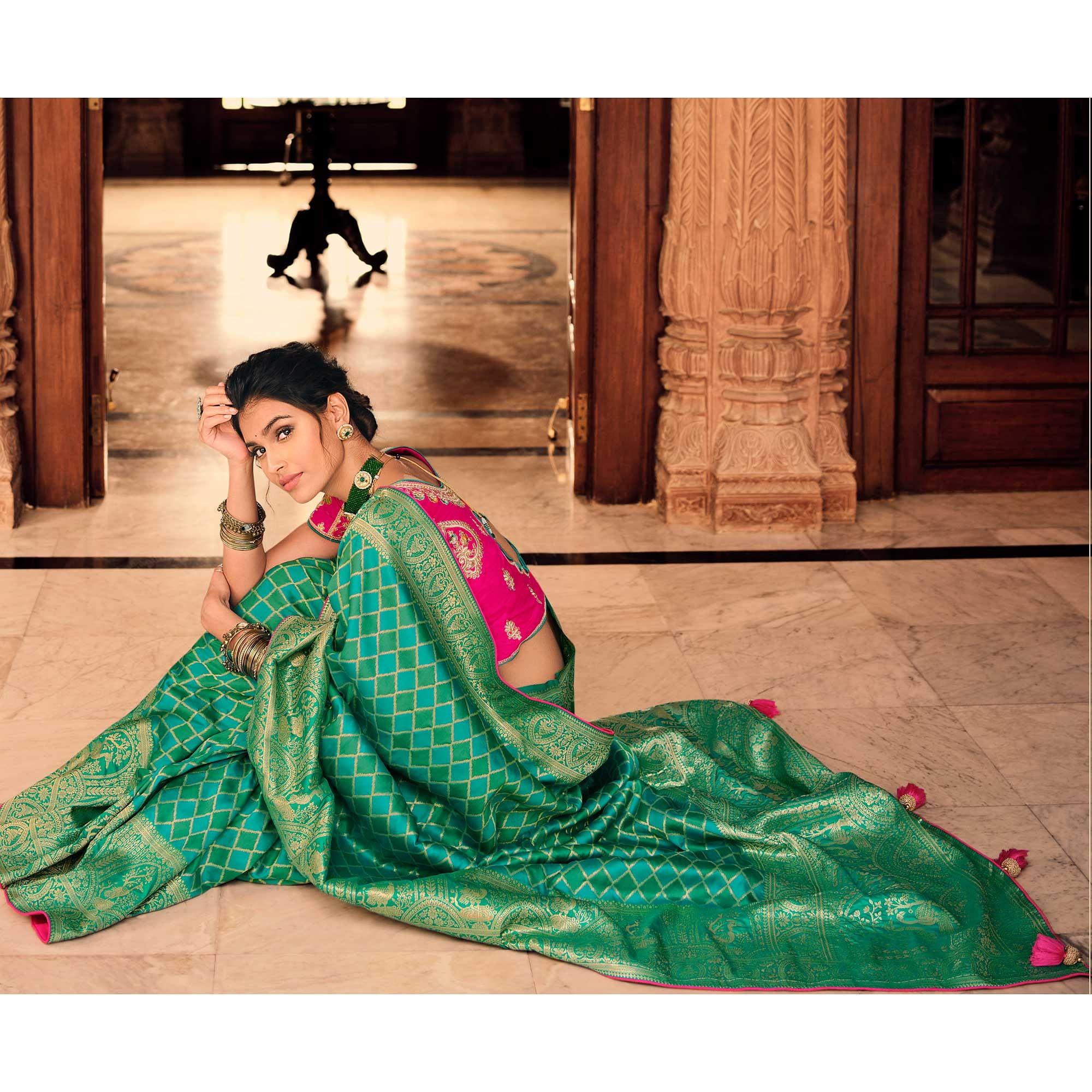 Green Festive Wear Woven Pure Silk Saree - Peachmode